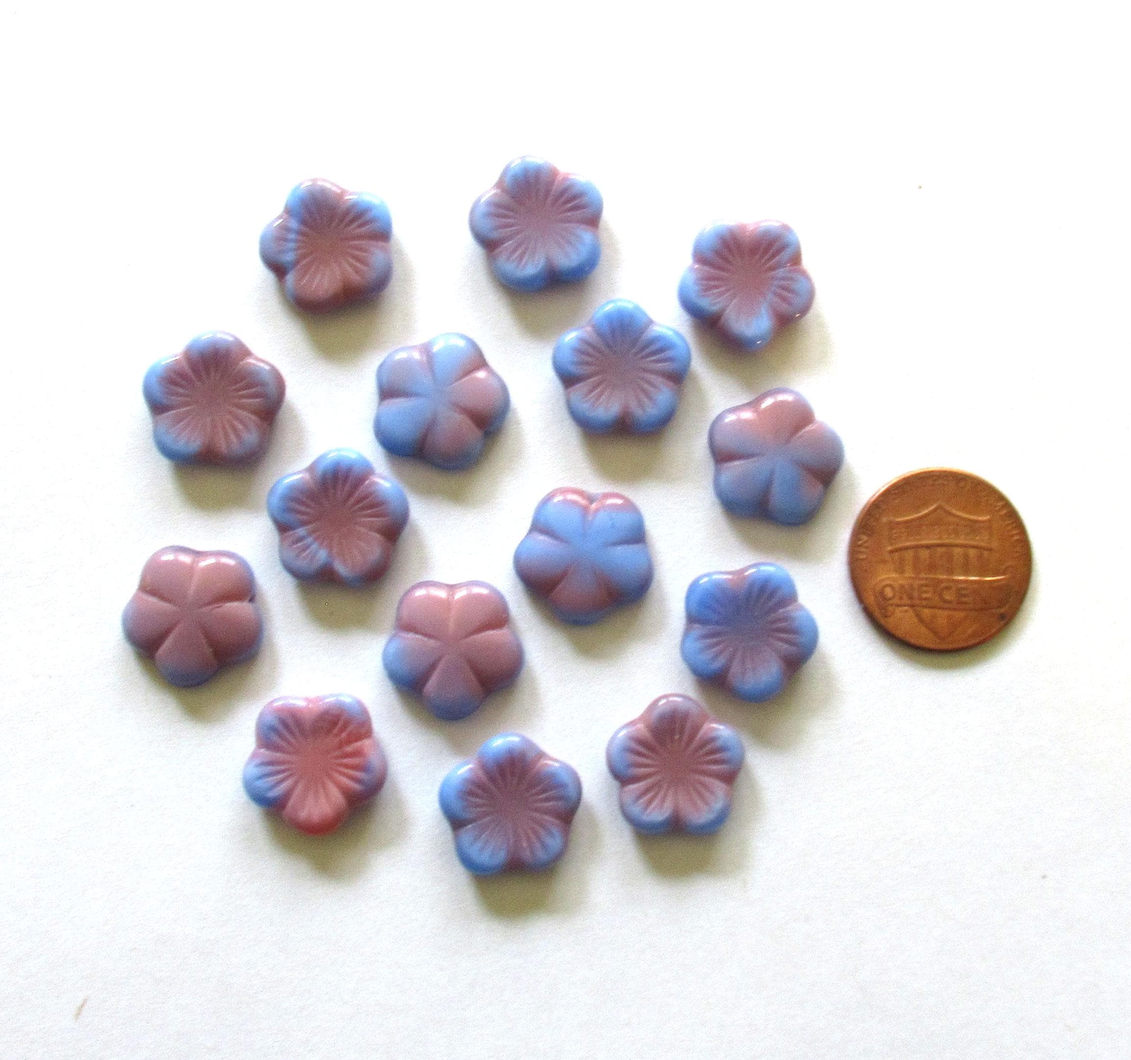 Ten 14mm Czech glass flower beads - opaque blue & pink pressed floral beads - C0661