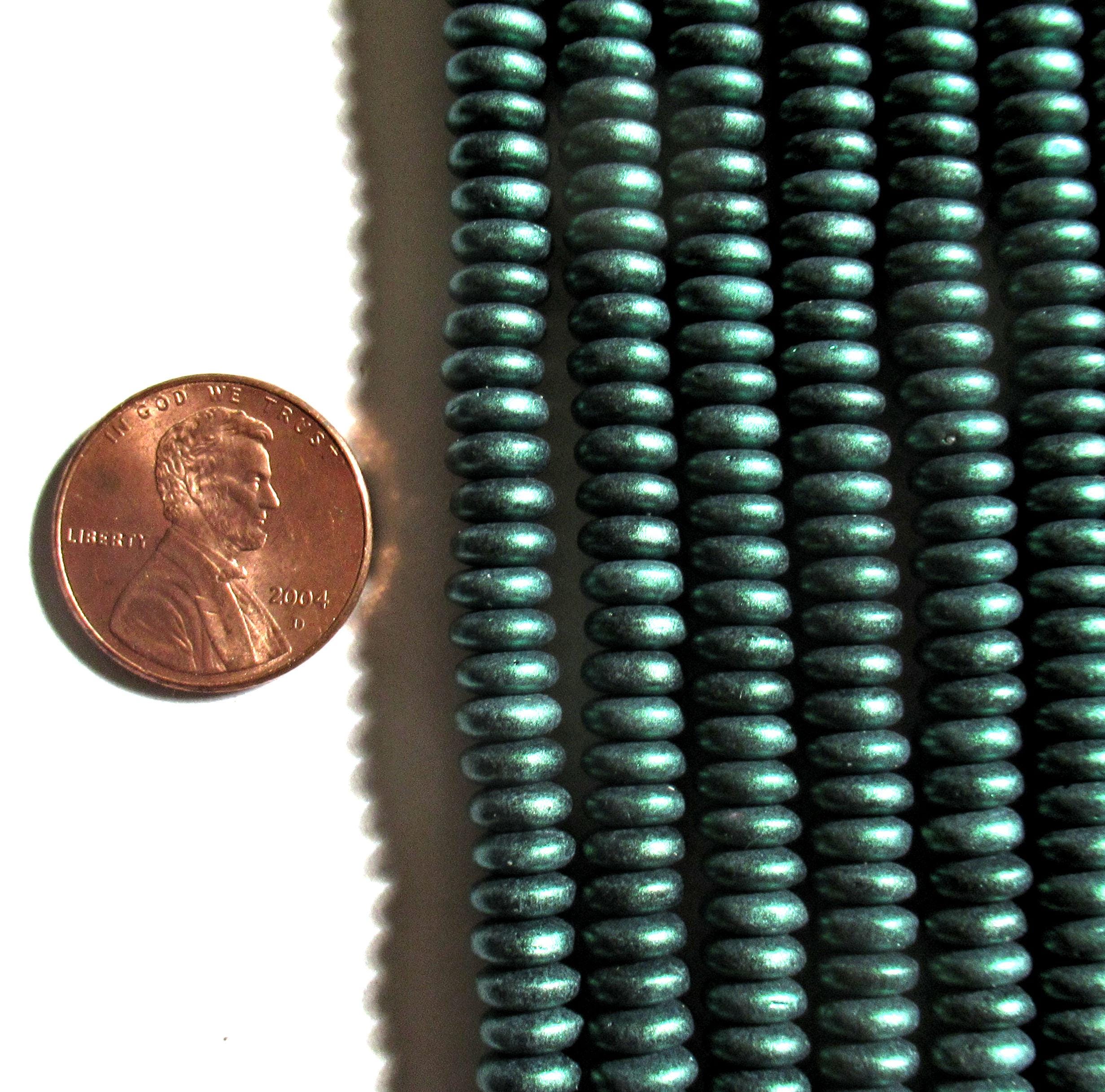 50 6mm Czech glass rondelle beads - matte metallic emerald green - flat spacers or rondelles - C0088