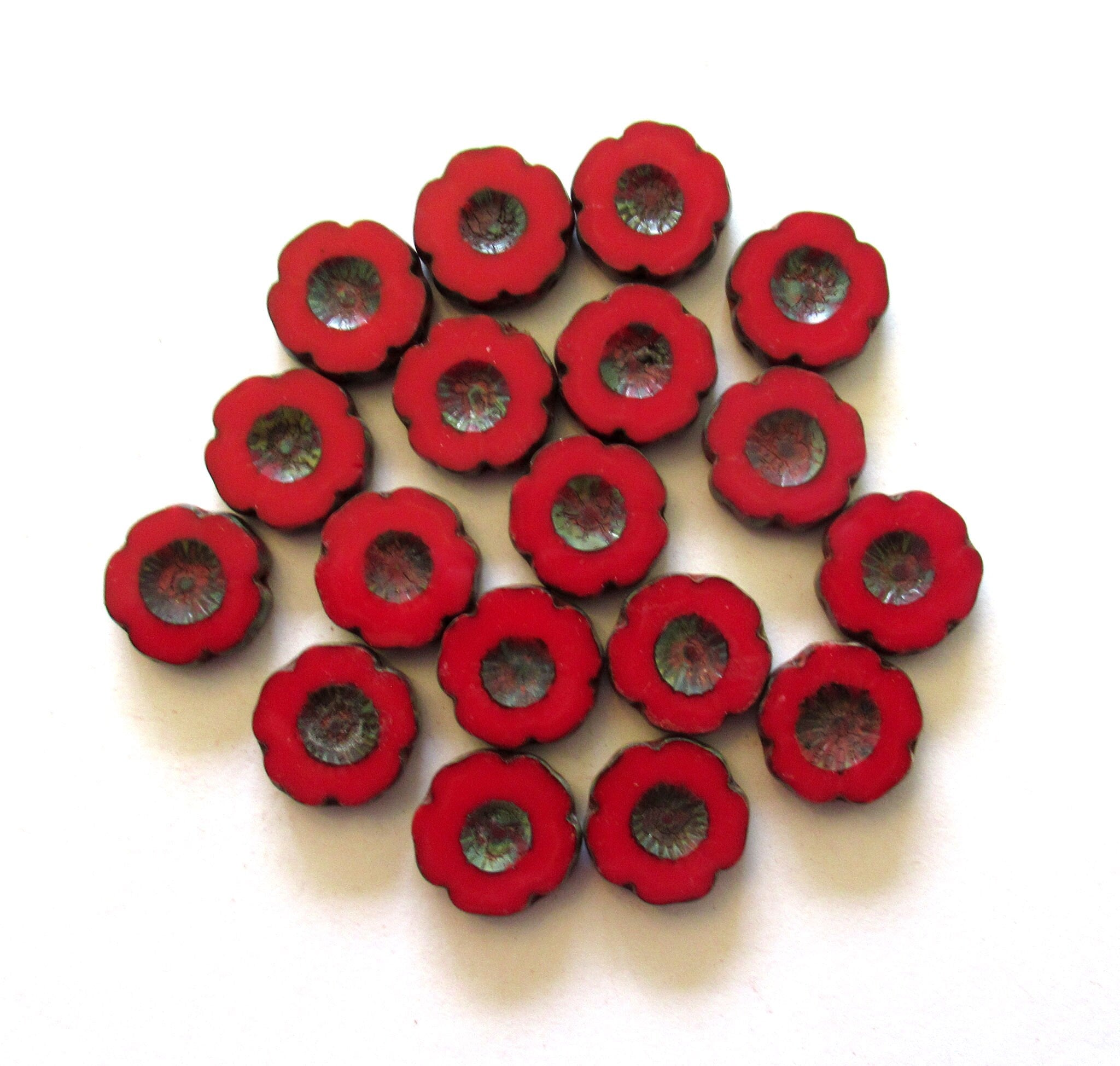 Five Czech glass flower beads. 14mm table cut, carved, opaque deep red picasso Hawaiian hibiscus flower beads C00001