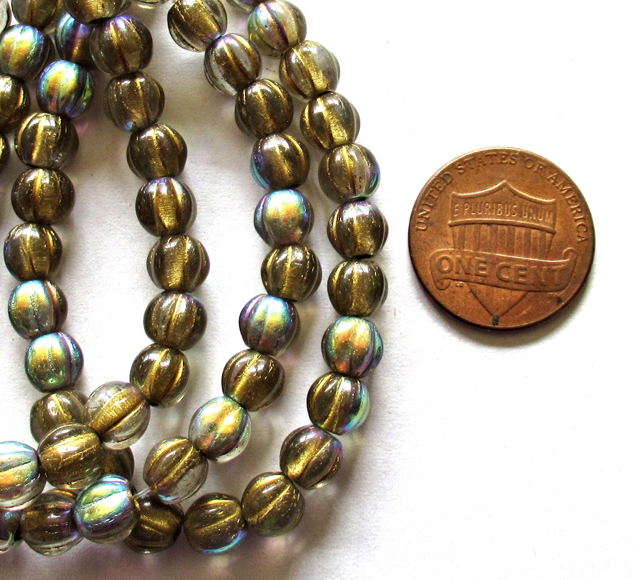 25 6mm Czech glass big hole melon beads - 6mm - gold lined clear with a gold wash and AB finish - C0089