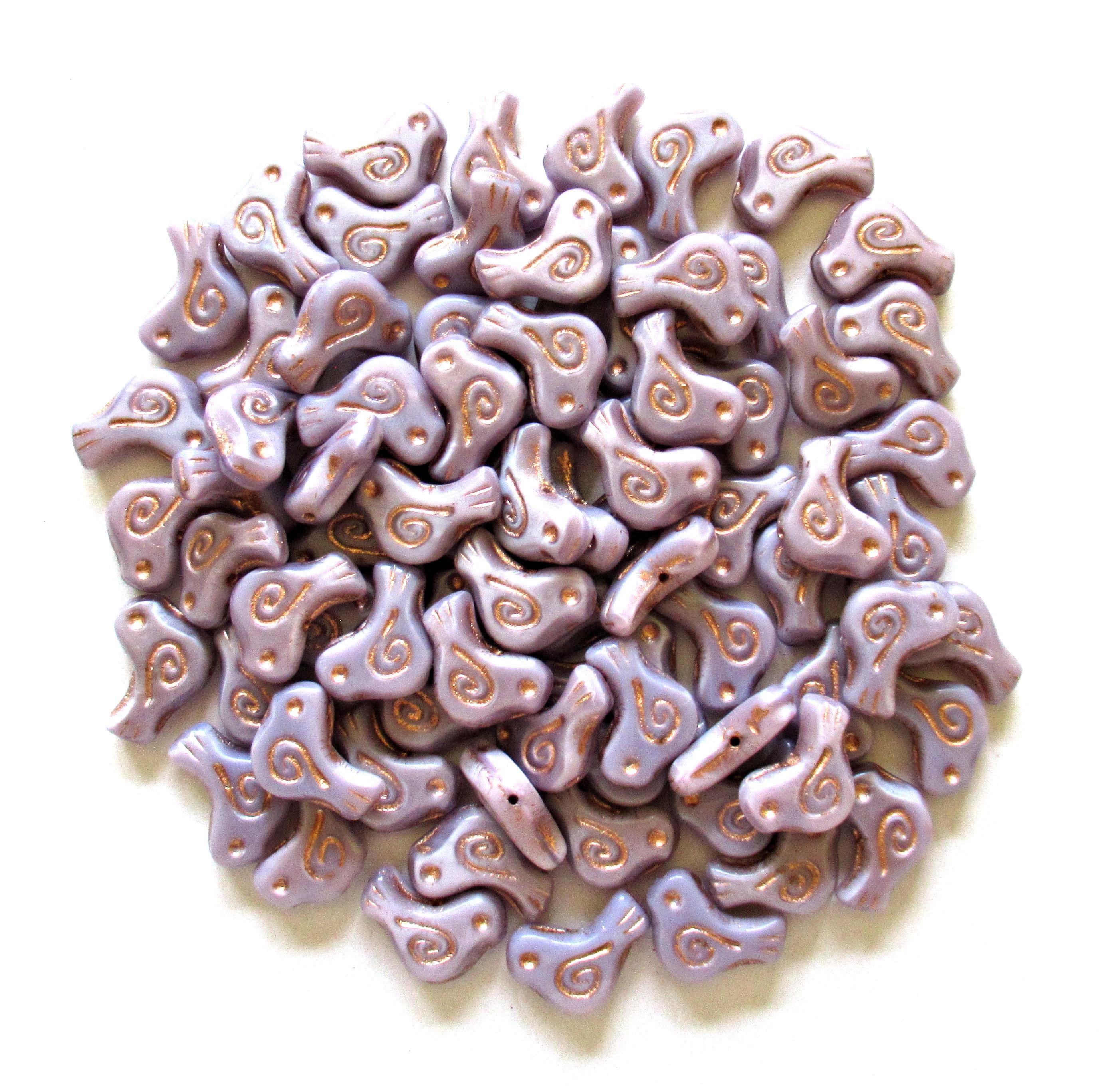 8 Czech glass bird beads - 12 x 16mm - opaque light purple, lavender or lilac silk with a copper wash - C0621