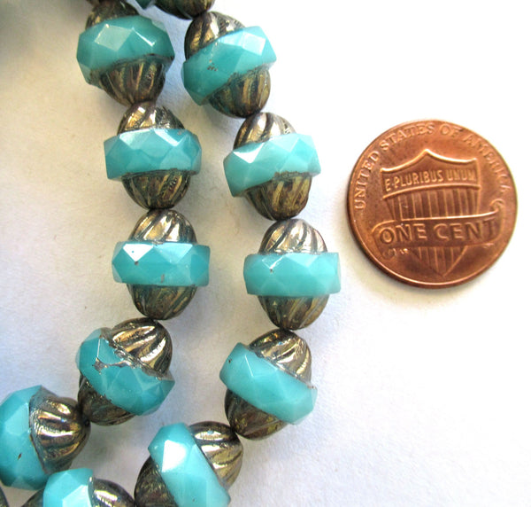 Ten Czech glass turbine beads - 11 x 10mm light translucent milky blue green faceted saucer beads with a bronze finish on the ends - C00652