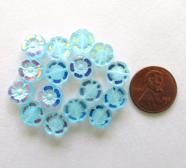 16 Czech glass flower beads - 9mm - aqua blue with a mirror ab finish - table cut & carved Hawaiian hibiscus floral beads C00012