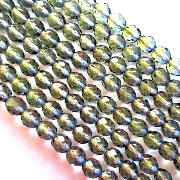 25 8mm Czech glass beads - olivine green & blue color mix - fire polished, faceted beads - C00401