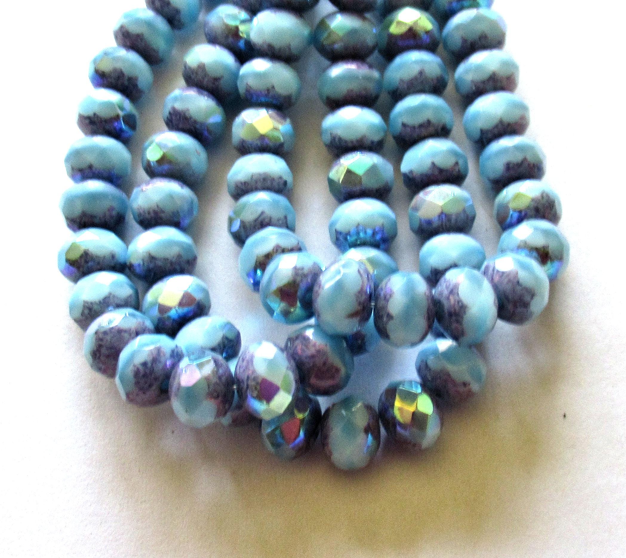 25 Czech glass puffy rondelle beads - 7 x 5mm - baby blue AB w/ purple picasso accents - C00522
