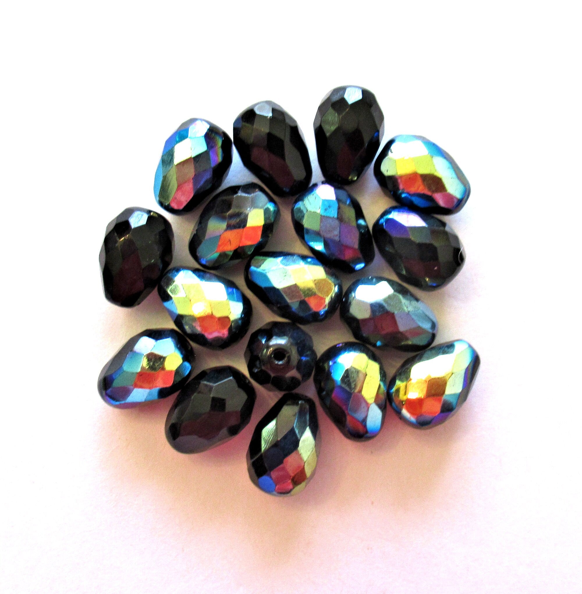 Six large Czech glass teardrop beads - Jet Black AB - 16 x 12mm faceted fire polished drop beads C00871
