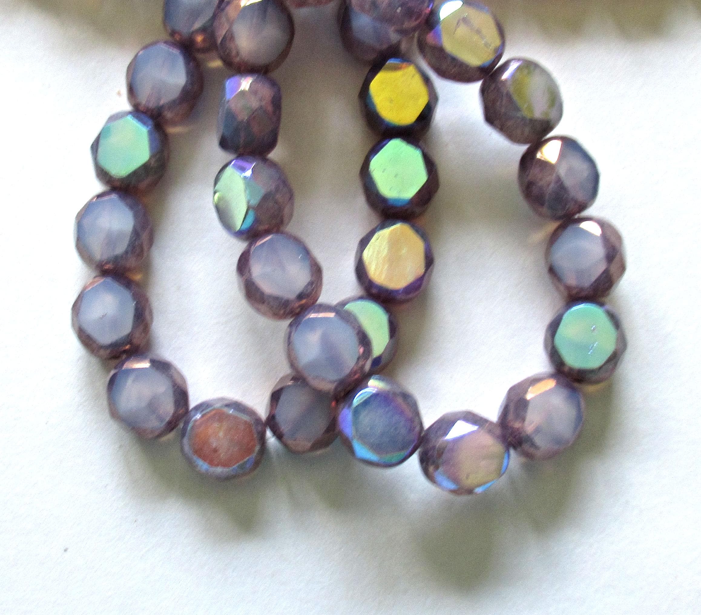 Dual faceted Czech glass beads - 8mm - translucent lavender AB w/ bronze accents - 2 cut table cut - thick window beads - 10 pcs - 00081