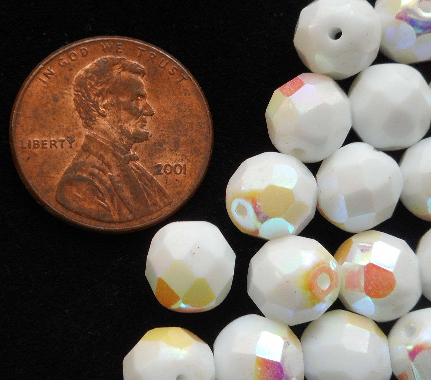 25 8mm Czech glass beads, Opaque White AB fire polished, faceted round beads C40125