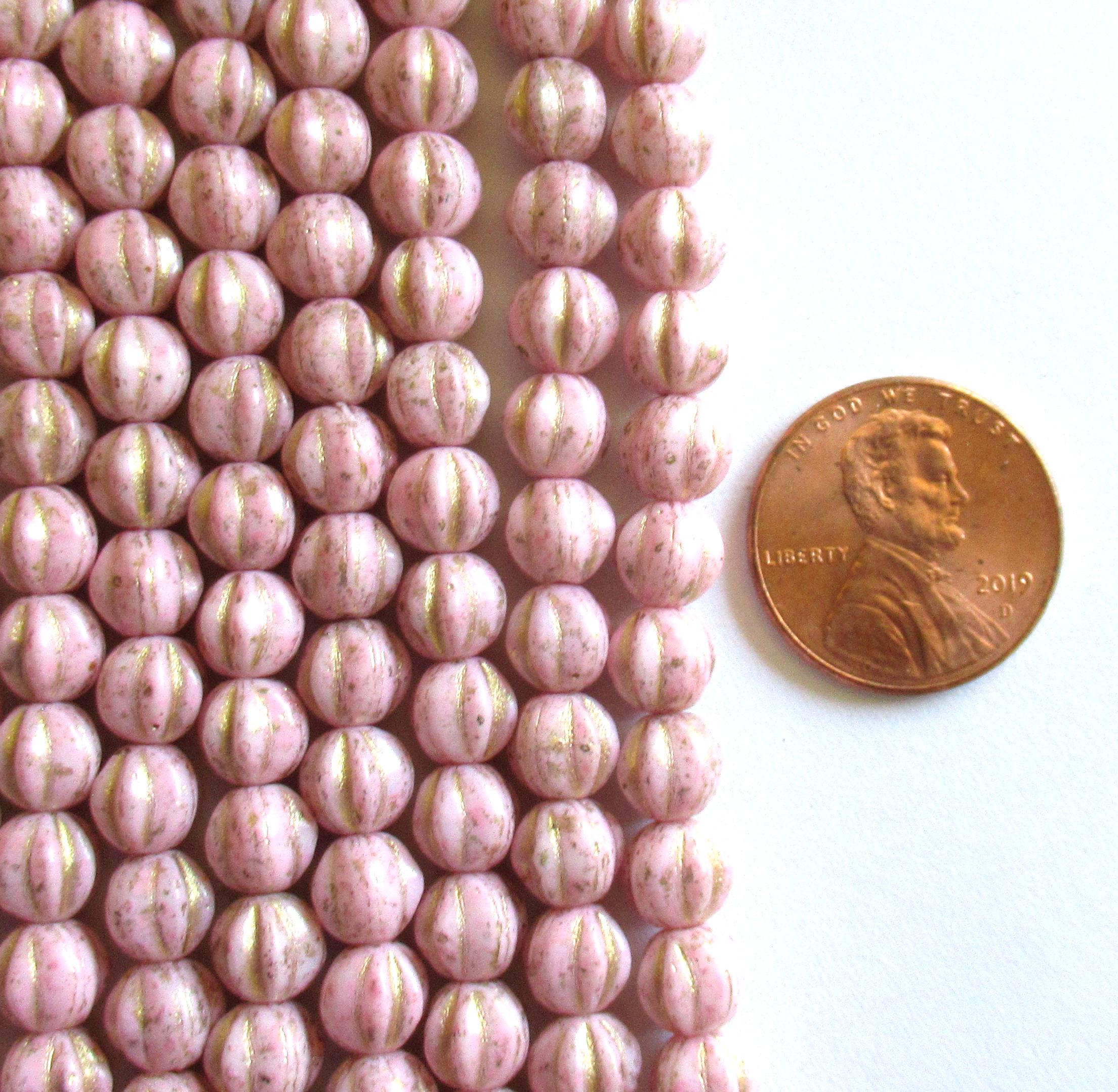 25 Czech glass melon beads - 6mm - opaque light pink with gold accents - C0901