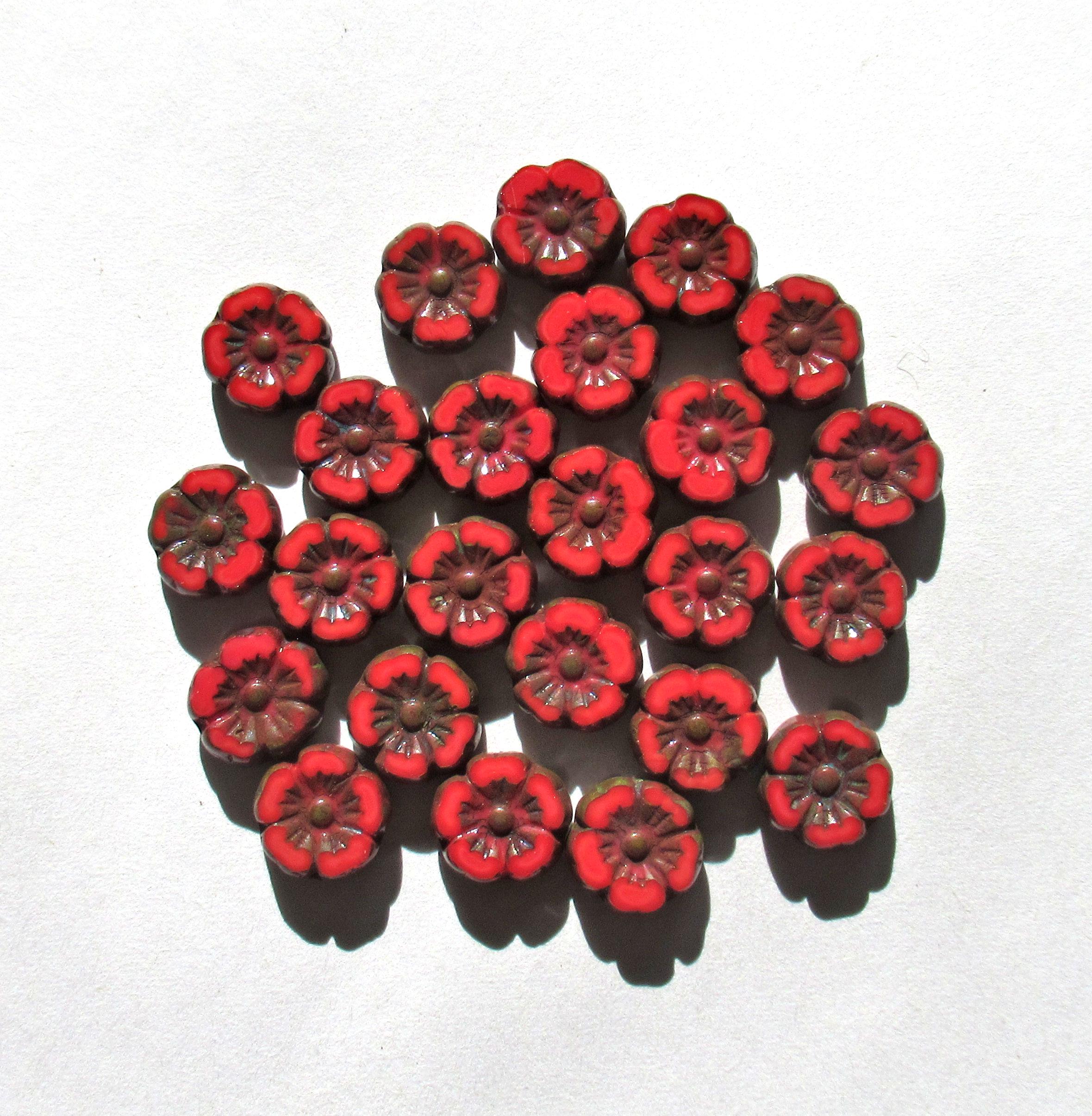 Ten 10mm Czech glass flower beads - opaque red w/ picasso accents - table cut carved Hawaiian hibiscus flowers - C00191