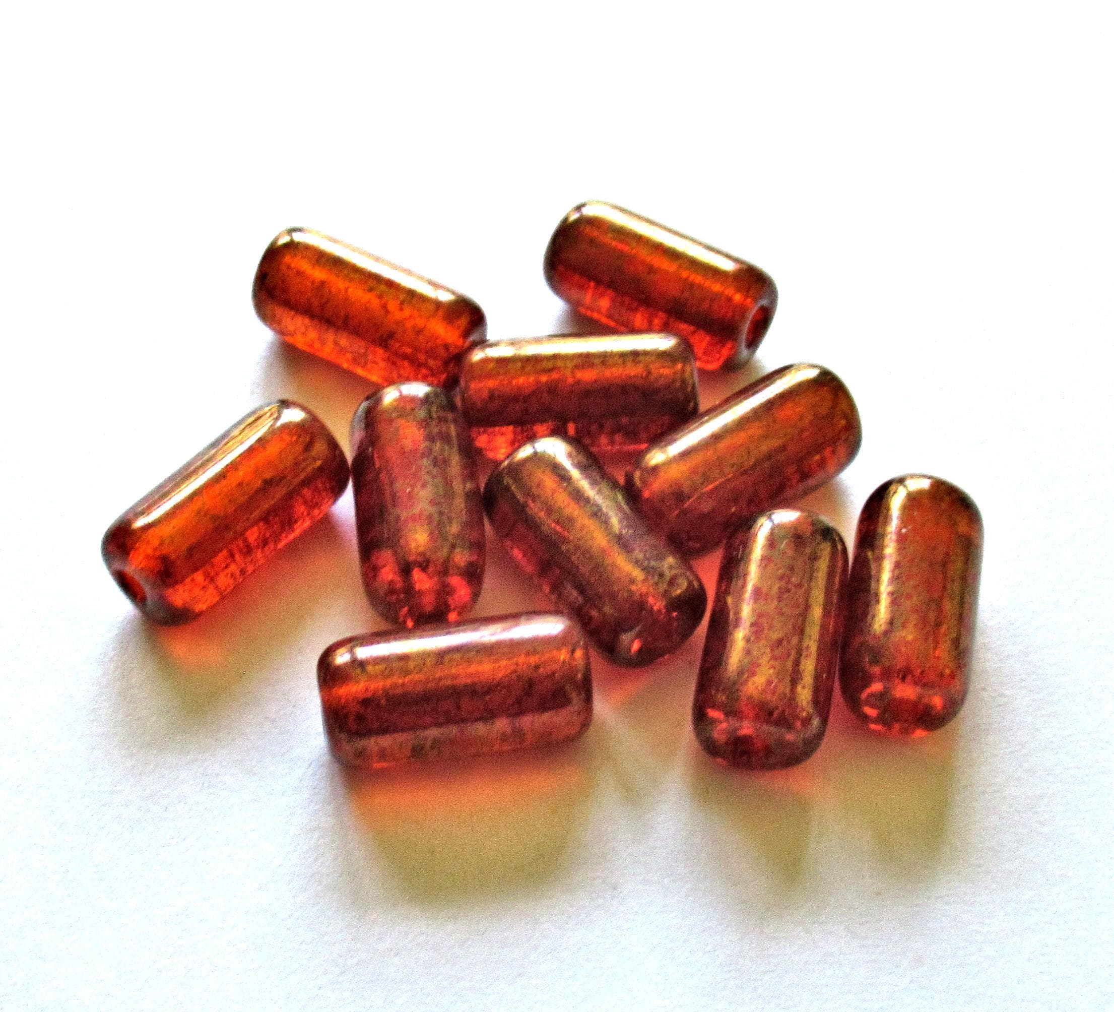 Ten Czech glass tube beads - light red w/ gold luster finish & big 2mm holes - 7 x 14mm - C00361
