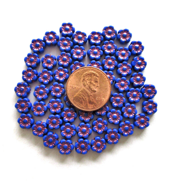 25 small Czech glass flower beads - 6mm - opaque royal blue beads with a metallic pink wash - pressed glass floral beads - C0068