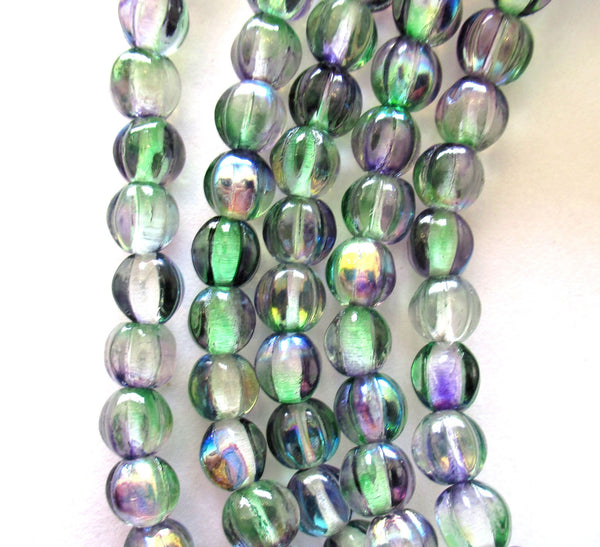 25 6mm Czech glass melon beads - green & purple mix pressed glass beads - C0084