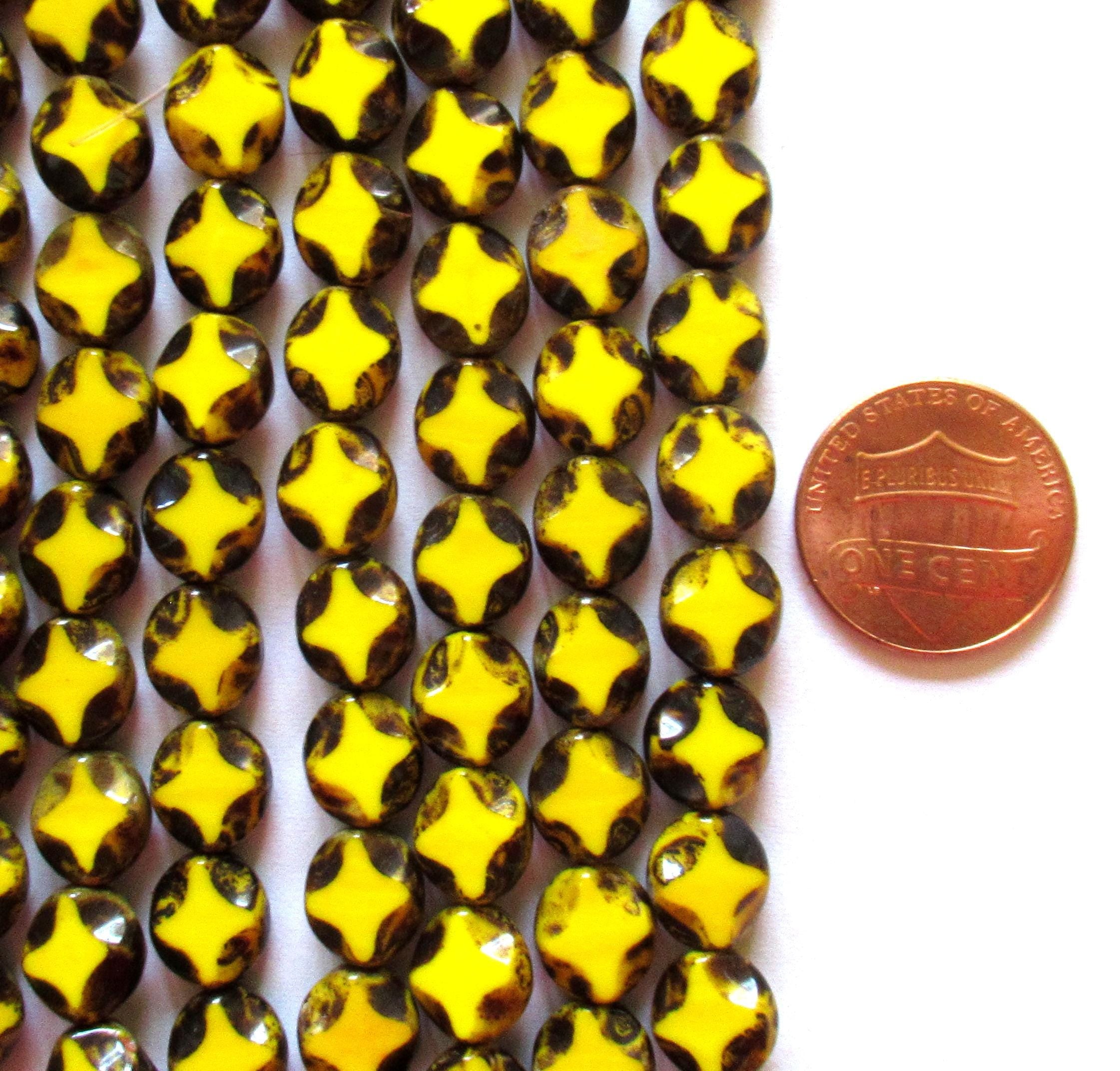 10 Czech glass oval beads - 9 x 8mm - opaque yellow picasso beads - carved table cut beads with a diamond pattern - C0121