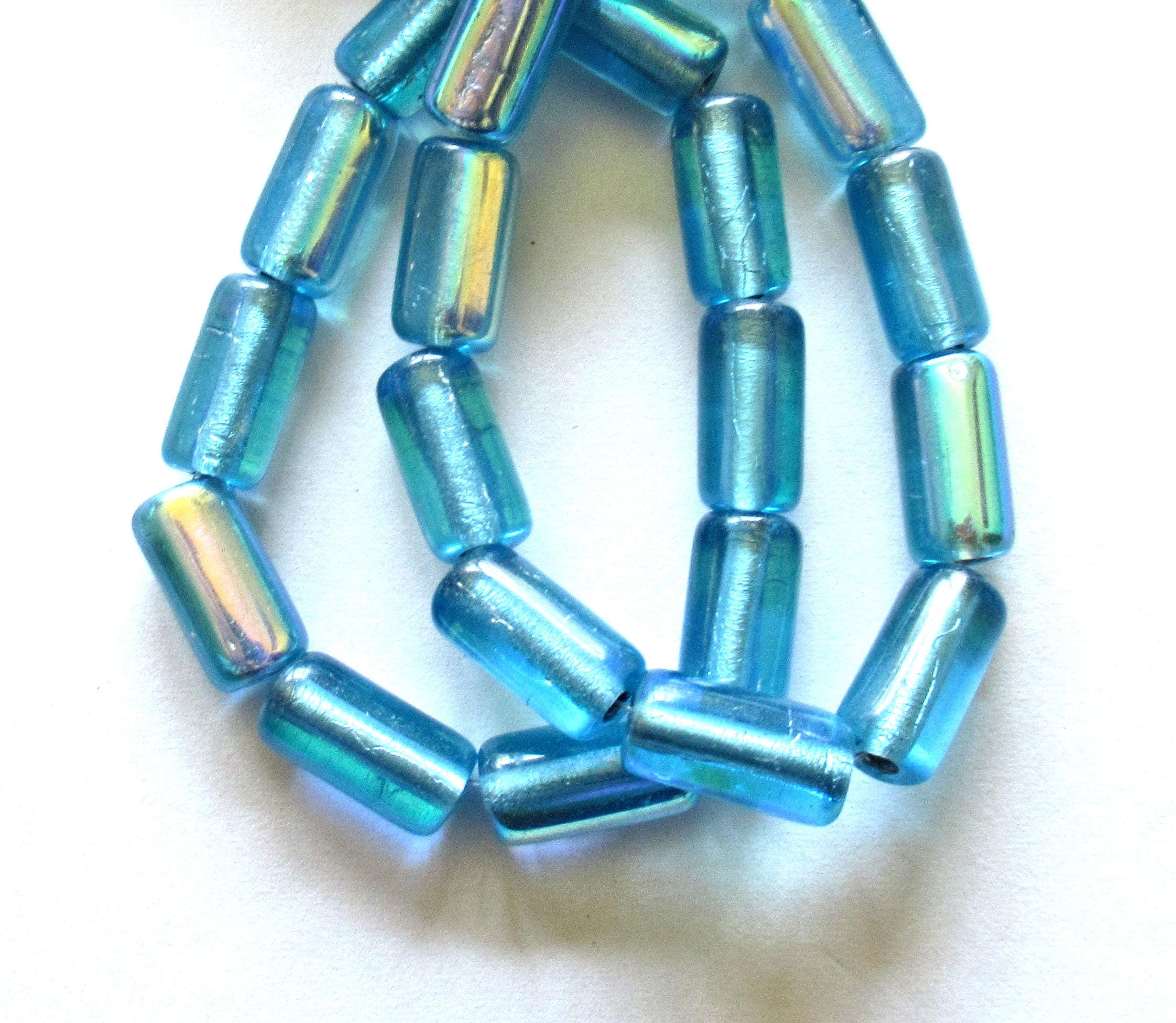 Ten Czech glass tube beads - aqua blue AB w/ big 2mm holes - 7 x 14mm - C00522