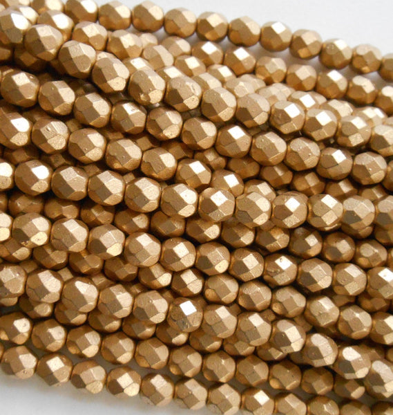 25 6mm Matte Metallic Flax Gold Czech glass beads, golden firepolished, faceted round beads, C7425