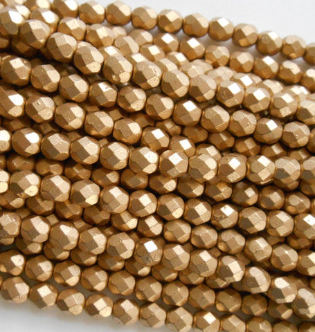 25 6mm Matte Metallic Flax Gold Czech glass beads, golden firepolished, faceted round beads, C7425