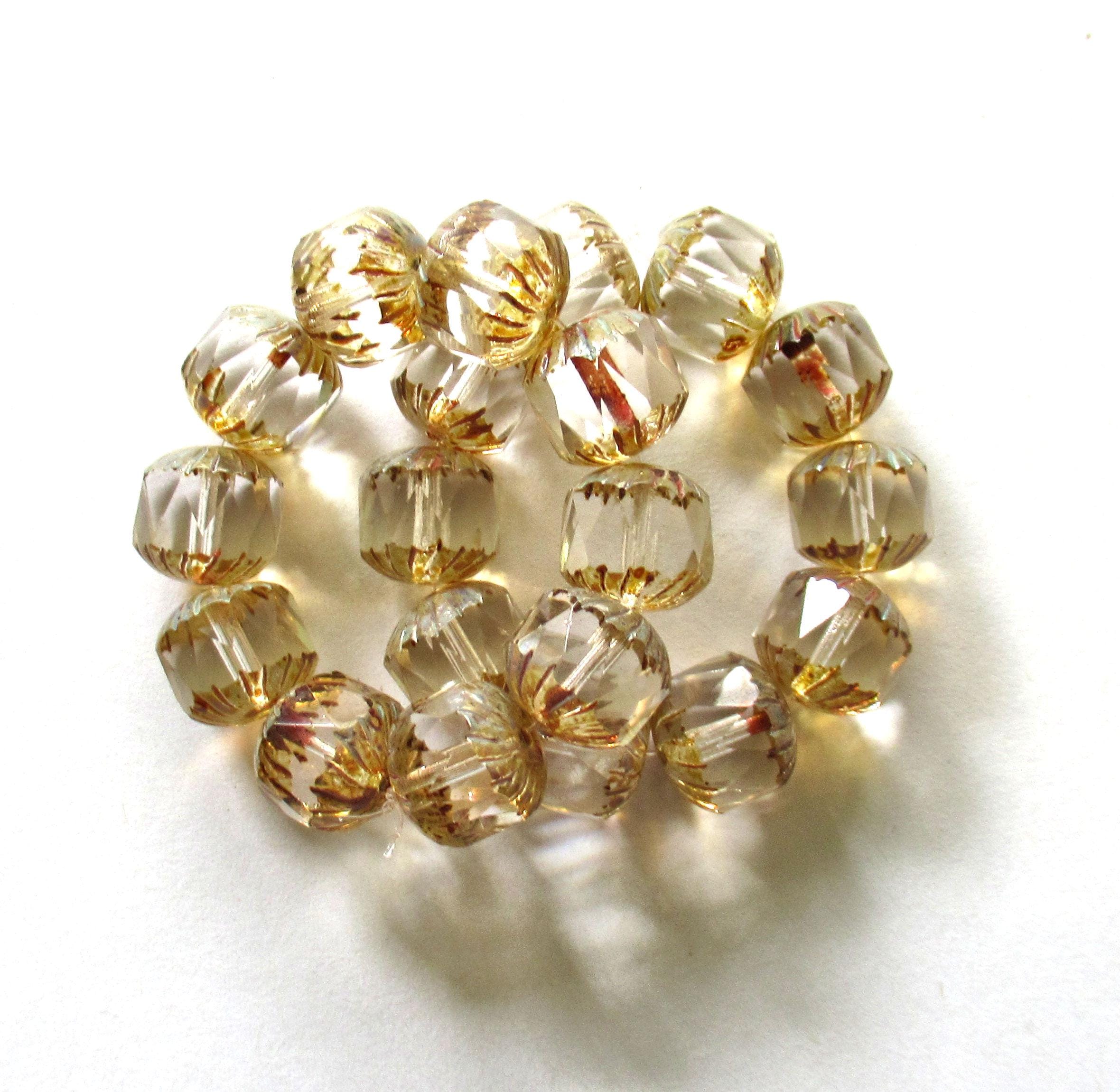 Ten Czech glass faceted carved cruller beads - 10mm - crystal clear picasso - cathedral beads - 00004