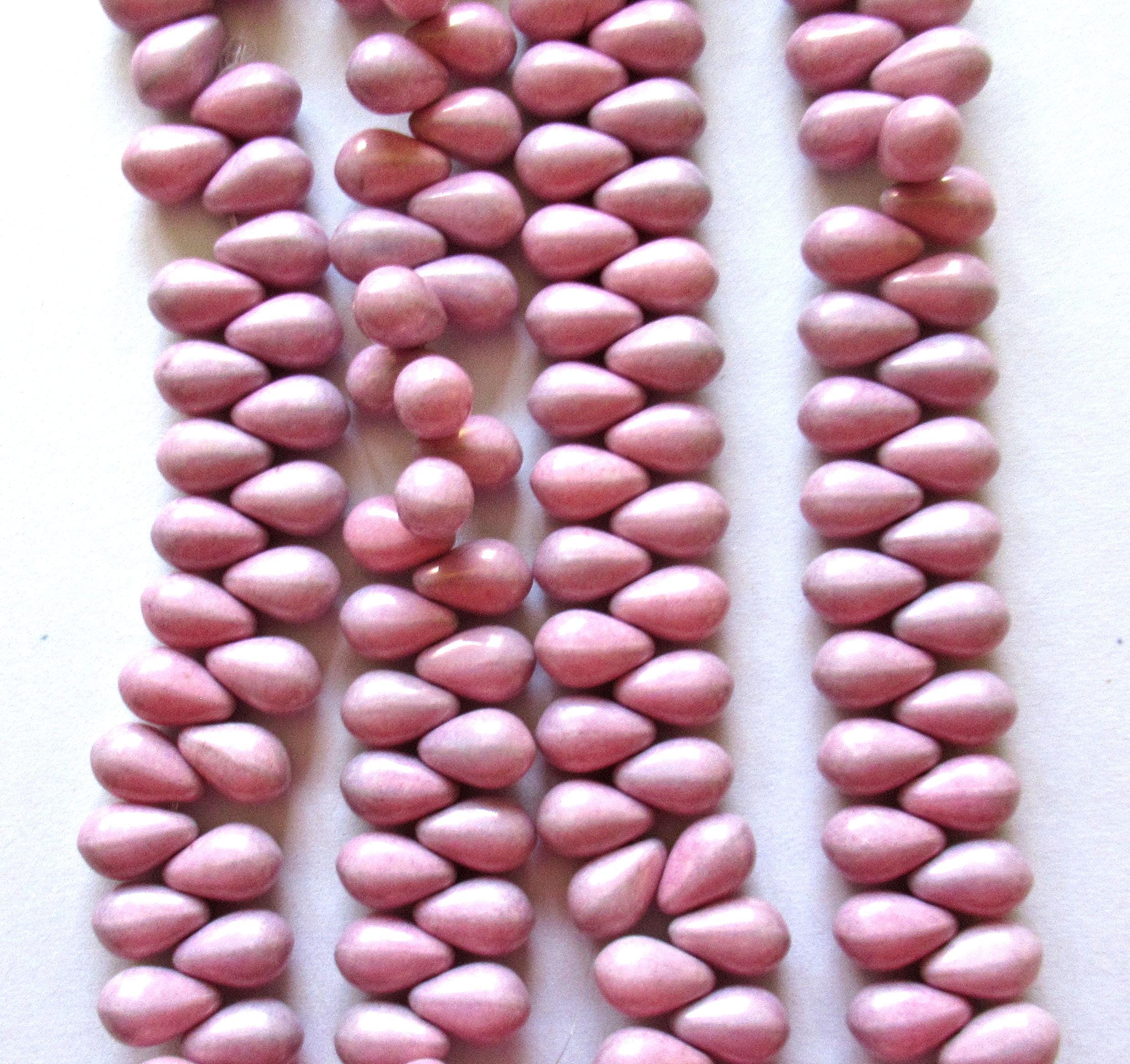 25 Czech glass drop beads - opaque pink - side drilled - smooth teardrop beads - 9 x 6mm - 00121