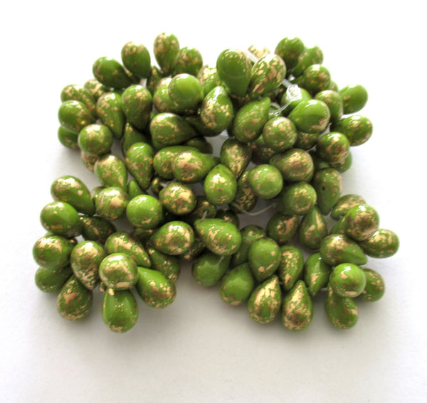 25 Czech glass drop beads - opaque avocado green beads with splotchy gold accents - smooth teardrop beads - 9 x 6mm - C00311
