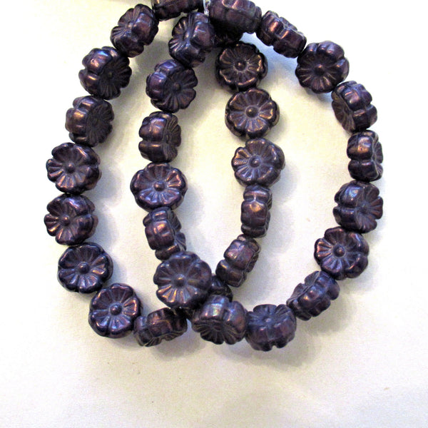 Lot of 16 9mm Czech glass flower beads - dark amethyst or purple w/ bronze luster finish - Hawaiian hibiscus flower beads C00041