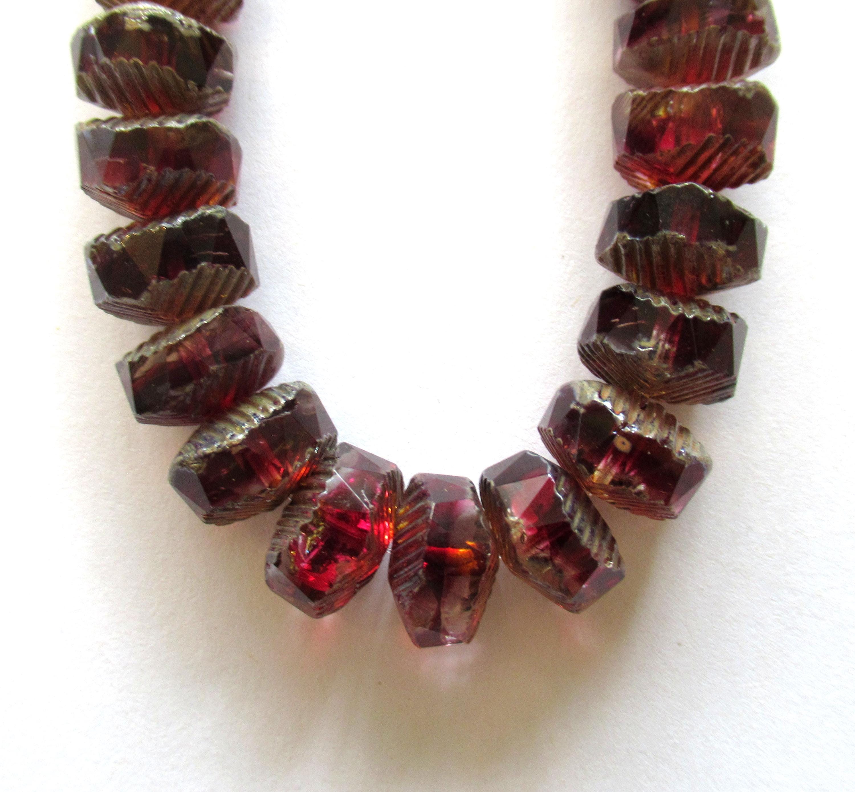 6 Czech glass faceted wavy rondelle beads - large 14 x 6mm deep raspberry pink & crystal chunky statement or focal beads - C00991