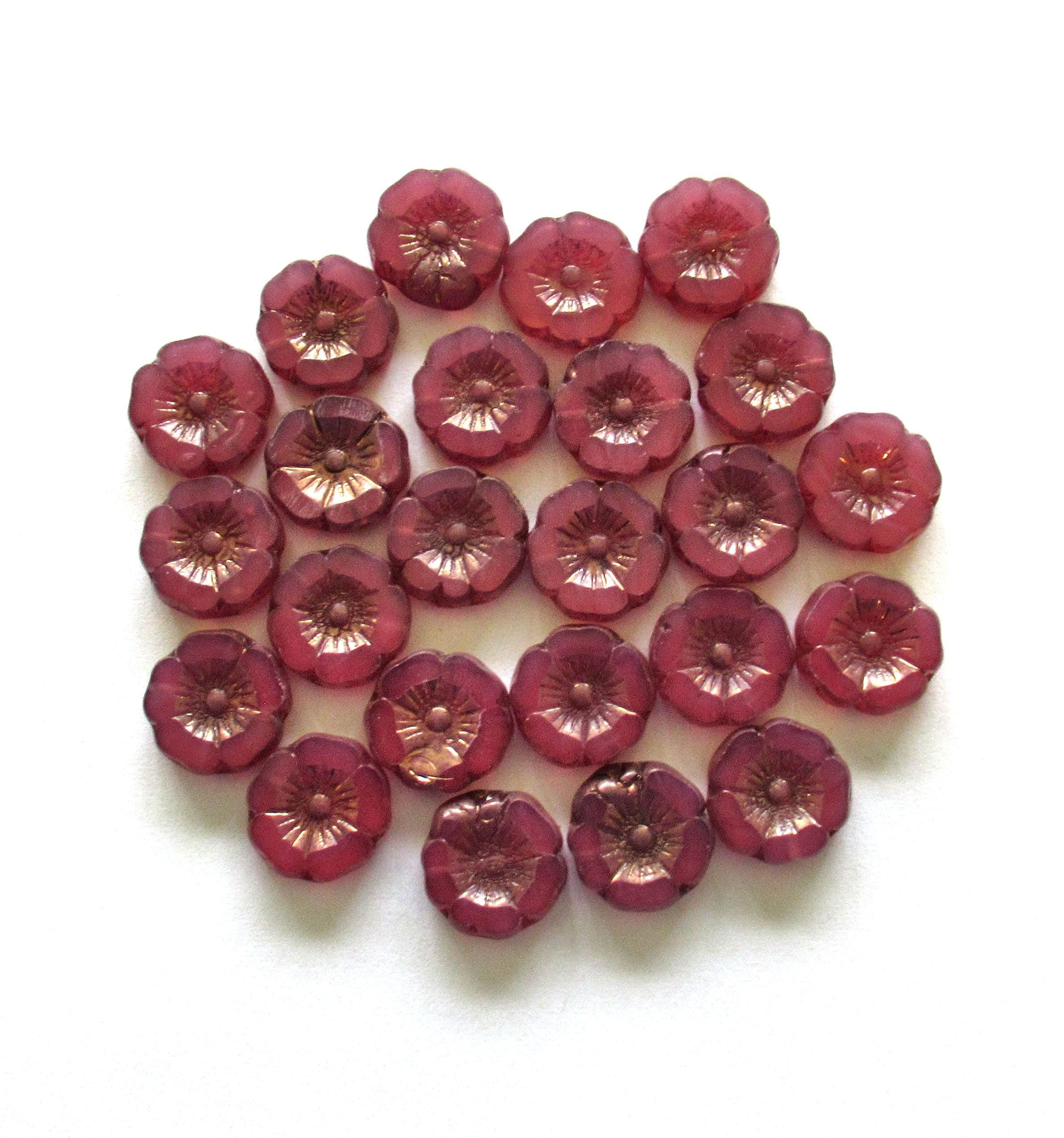 Czech glass flower beads - 12mm - translucent dark pink opal beads - table cut carved Hawaiian Hibiscus floral beads - 8 beads - C00072