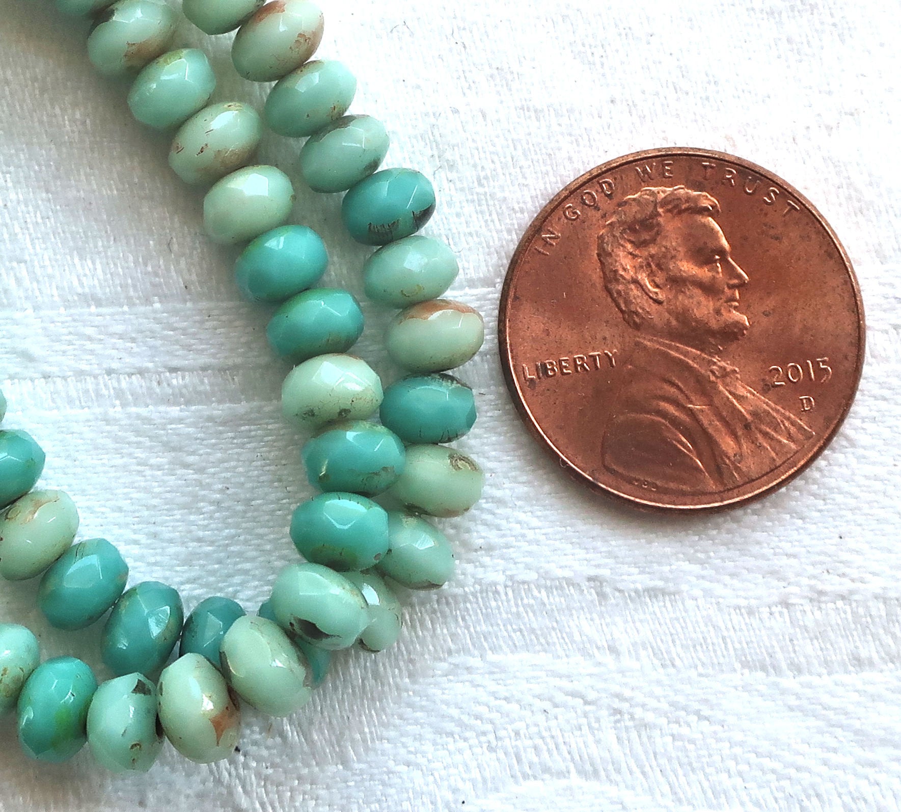 30 small puffy rondelle beads, turquoise blue green mix with a picasso finish, 3mm x 5mm faceted Czech glass rondelles 53101 - Glorious Glass Beads