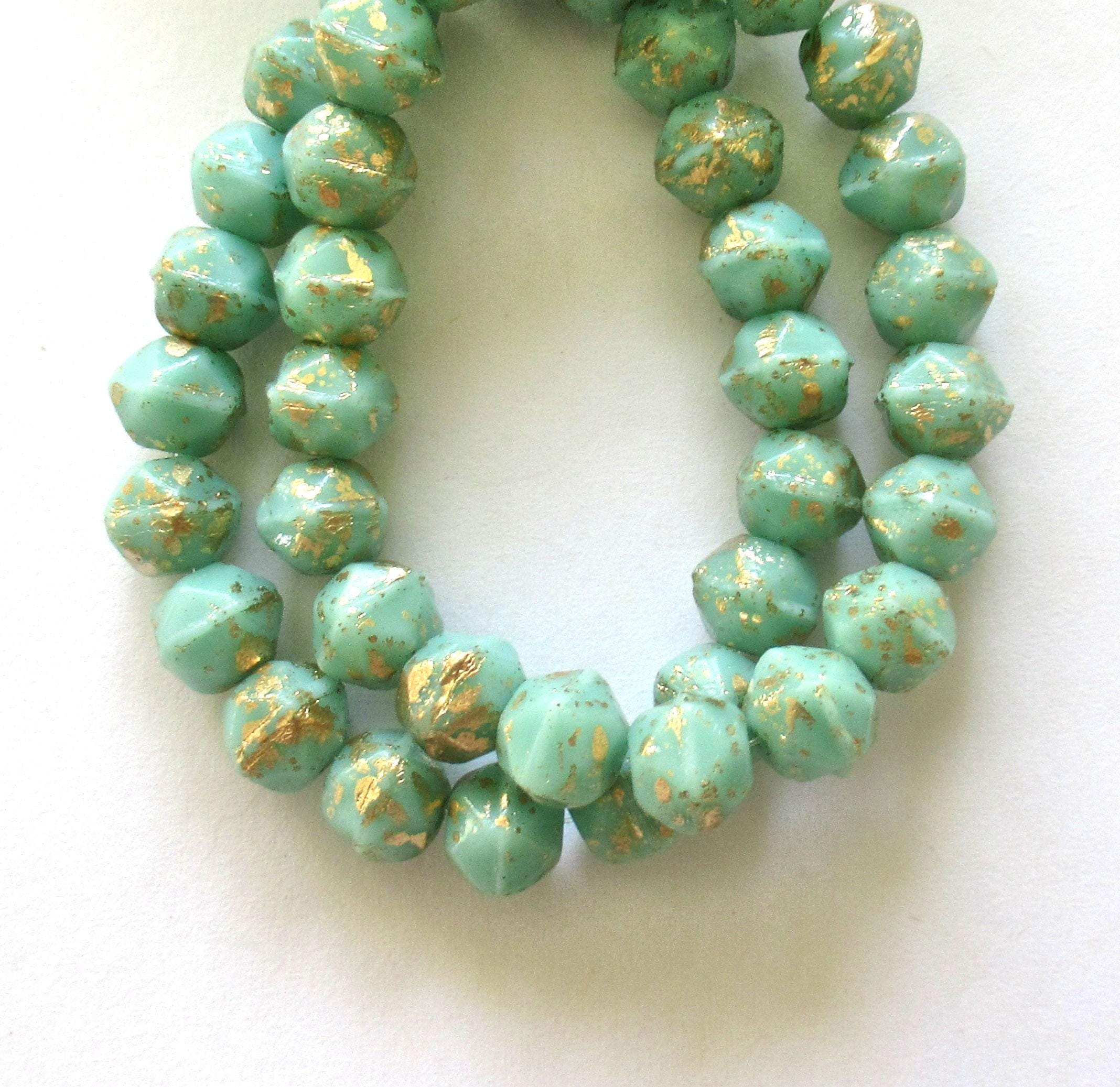 20 8mm Czech glass English cut beads - opaque mint green beads with splotchy gold accents - C00522