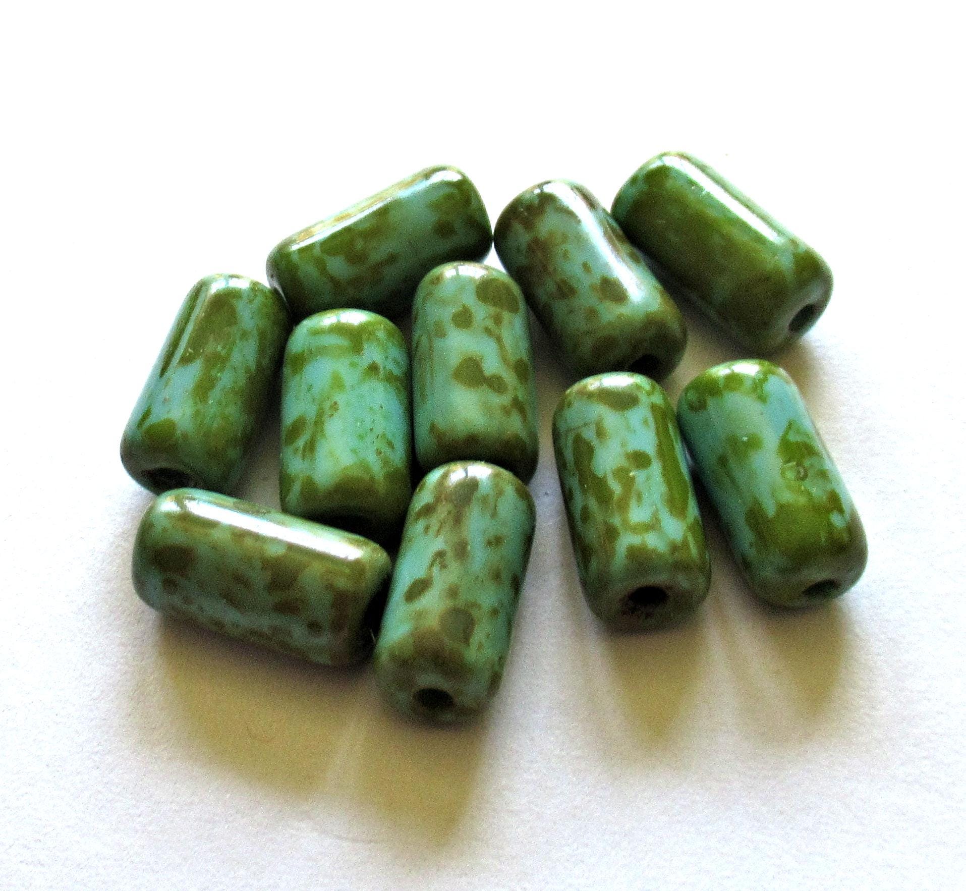 Ten Czech glass tube beads - turquoise green w/ picasso coat & big 2mm holes - 7 x 14mm - C00031