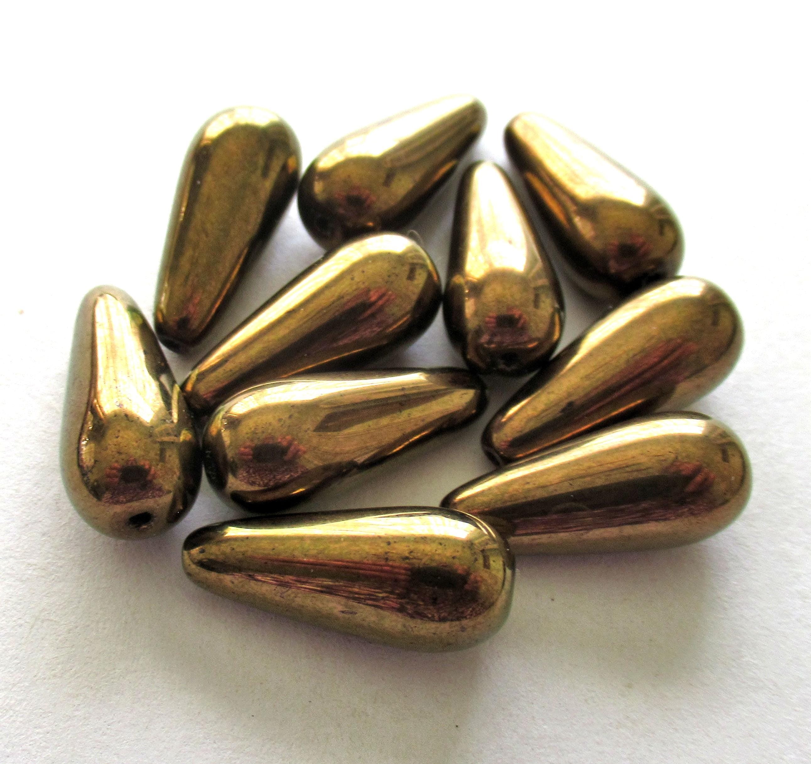 Six large Czech glass teardrop beads - bronze 9 x 20mm drop beads 00018