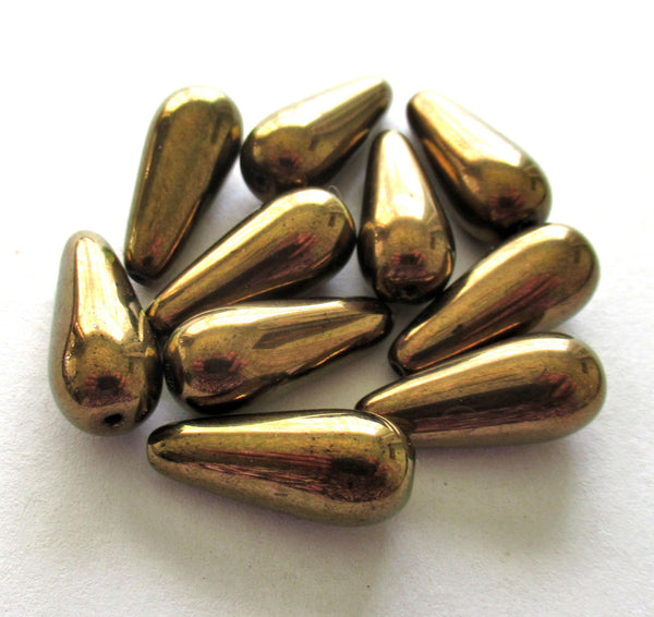 Six large Czech glass teardrop beads - bronze 9 x 20mm drop beads 00018
