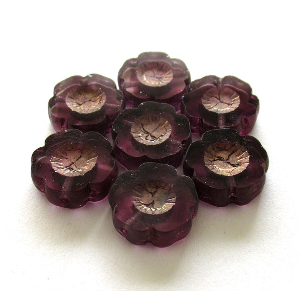 Six 14mm Czech glass flower beads - transparent marbled light and dark amethyst purple with a bronze picasso finish - Hawaiian flowers 00231