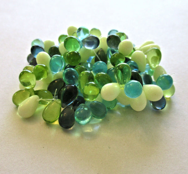 25 Czech glass drop beads - transparent blue and green & opaque white mix w/a picasso finish - smooth teardrop beads - 9 x 6mm C00041