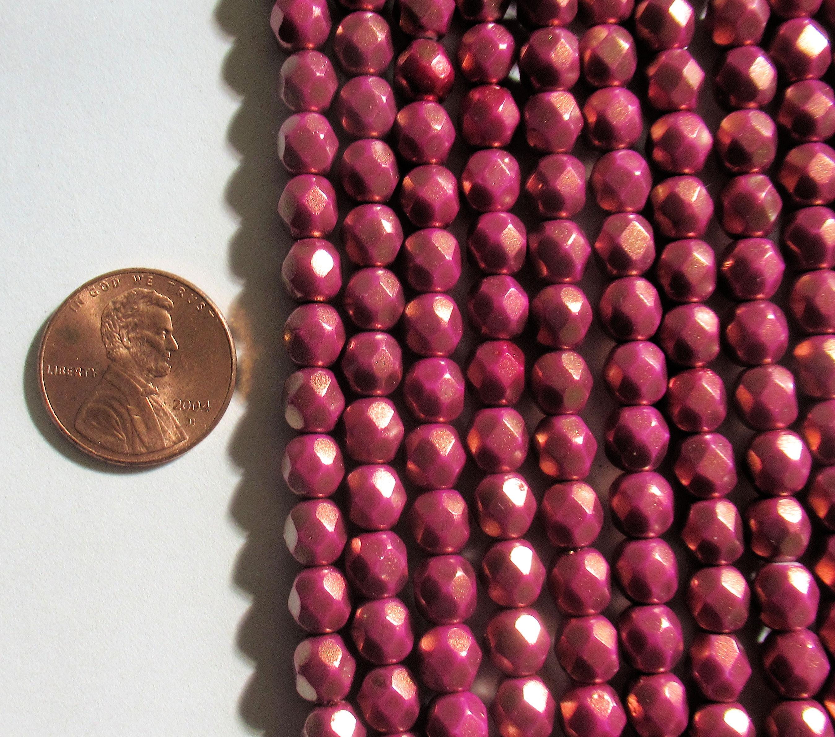 25 6mm Czech glass beads - Halo Ethereal Madder Rose - opaque pink beads with a shiny gold finish - faceted round beads - C0026