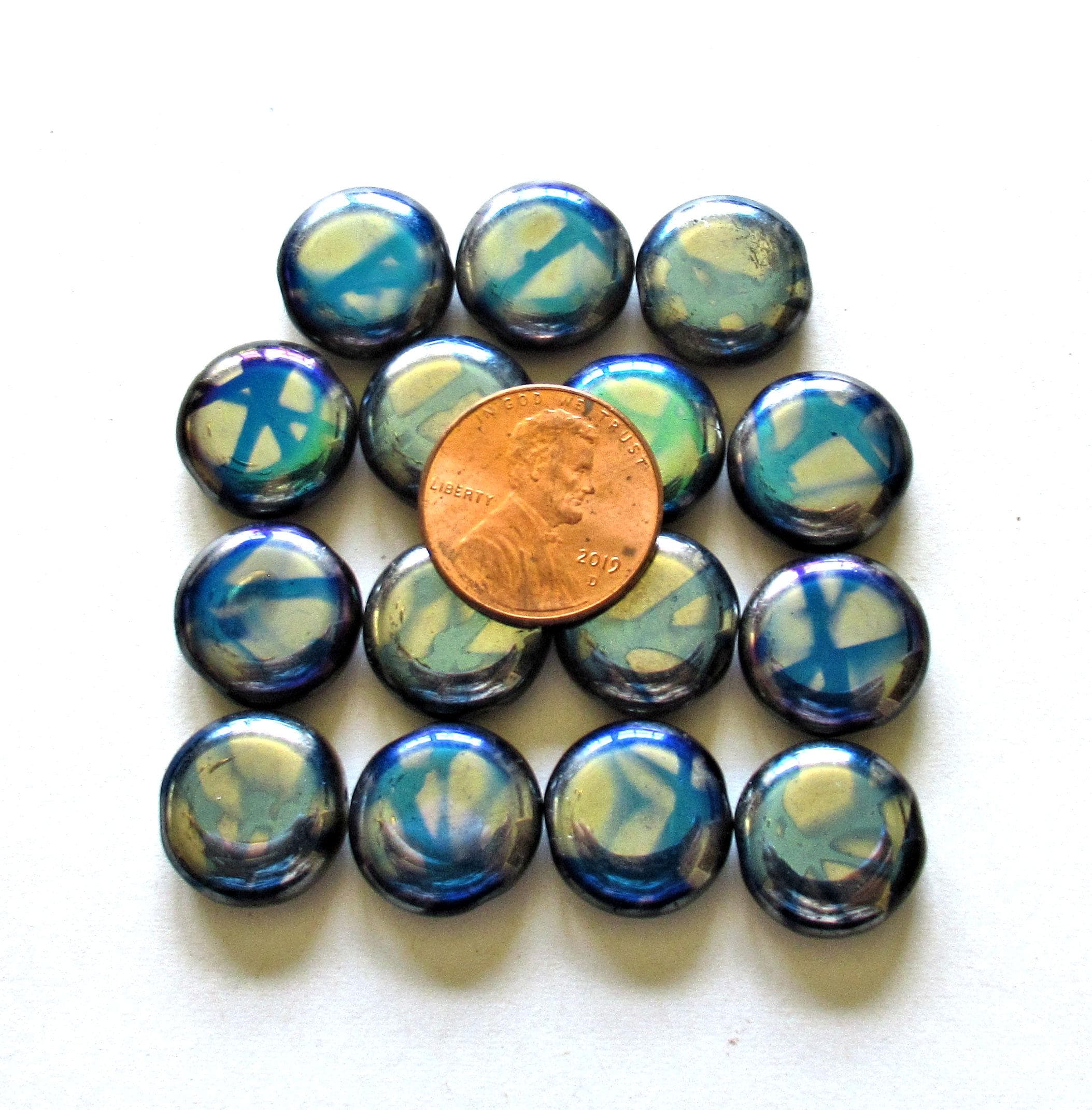 Six Czech glass peacock coin beads - 15mm - blue & silver - C00651