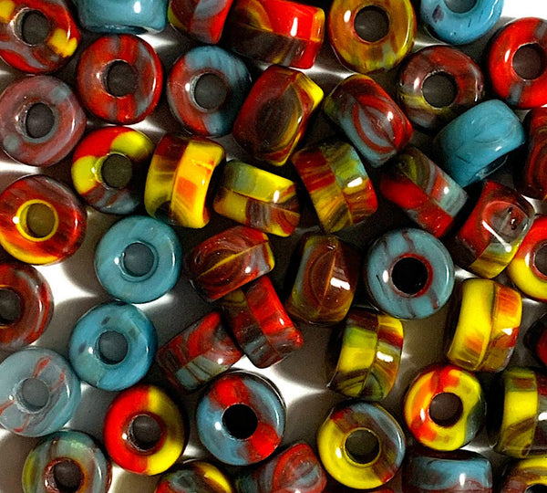 Twenty-five 9mm Czech glass pony, crow, roller beads - marbled color mix - slag glass large hole beads - C0077
