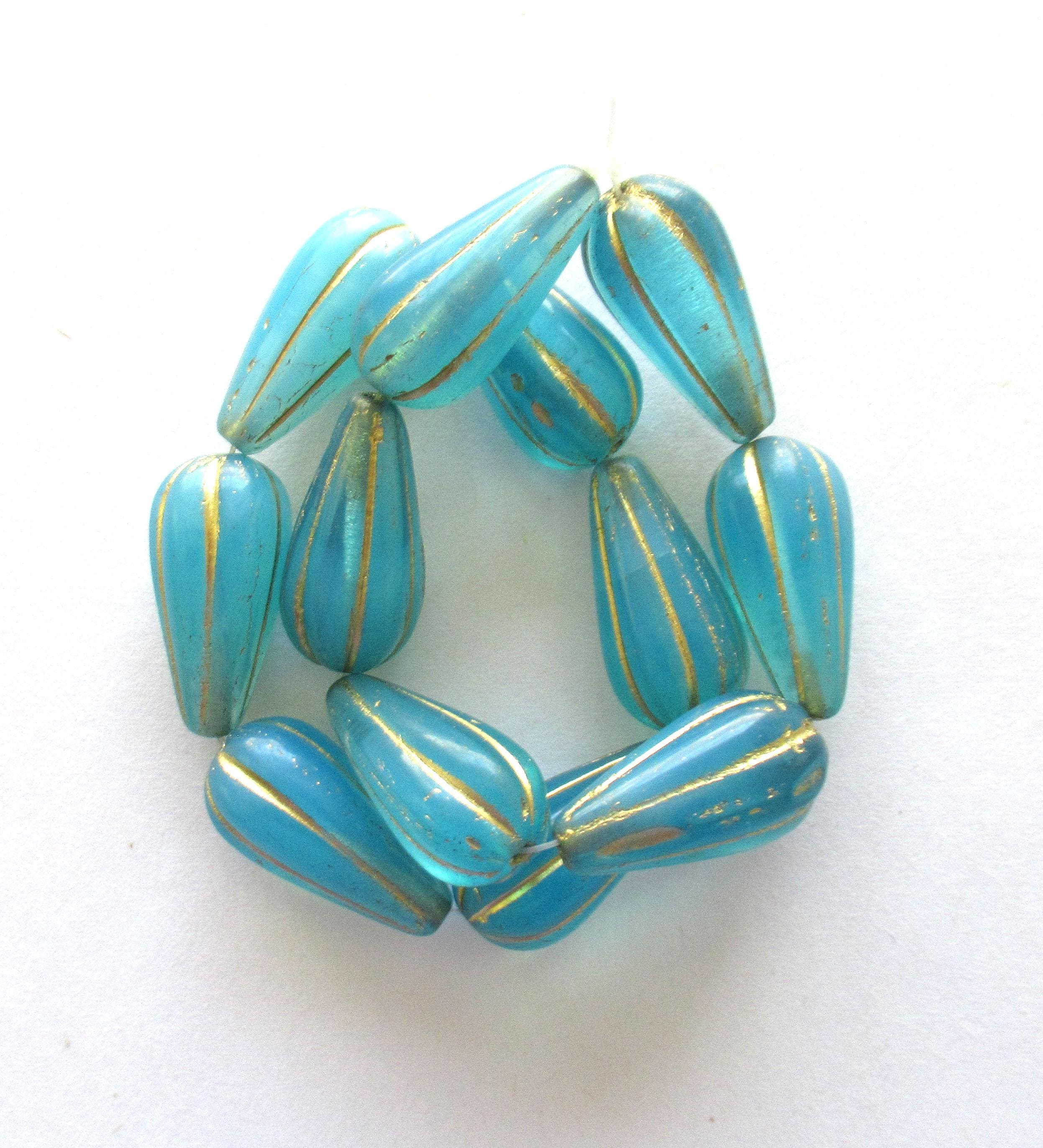 Six large Czech glass teardrop melon beads - blue opal w/ gold accents - 22 x 11mm tear drop beads 00571