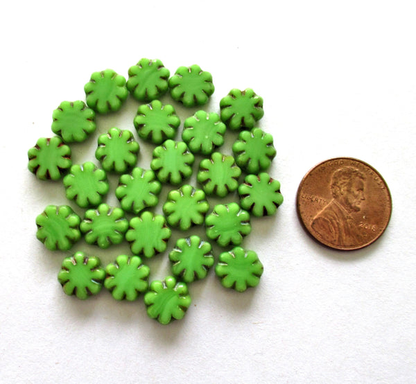 15 Czech glass flower beads - bright green picasso beads - 9mm - table cut cactus flower beads - C00261