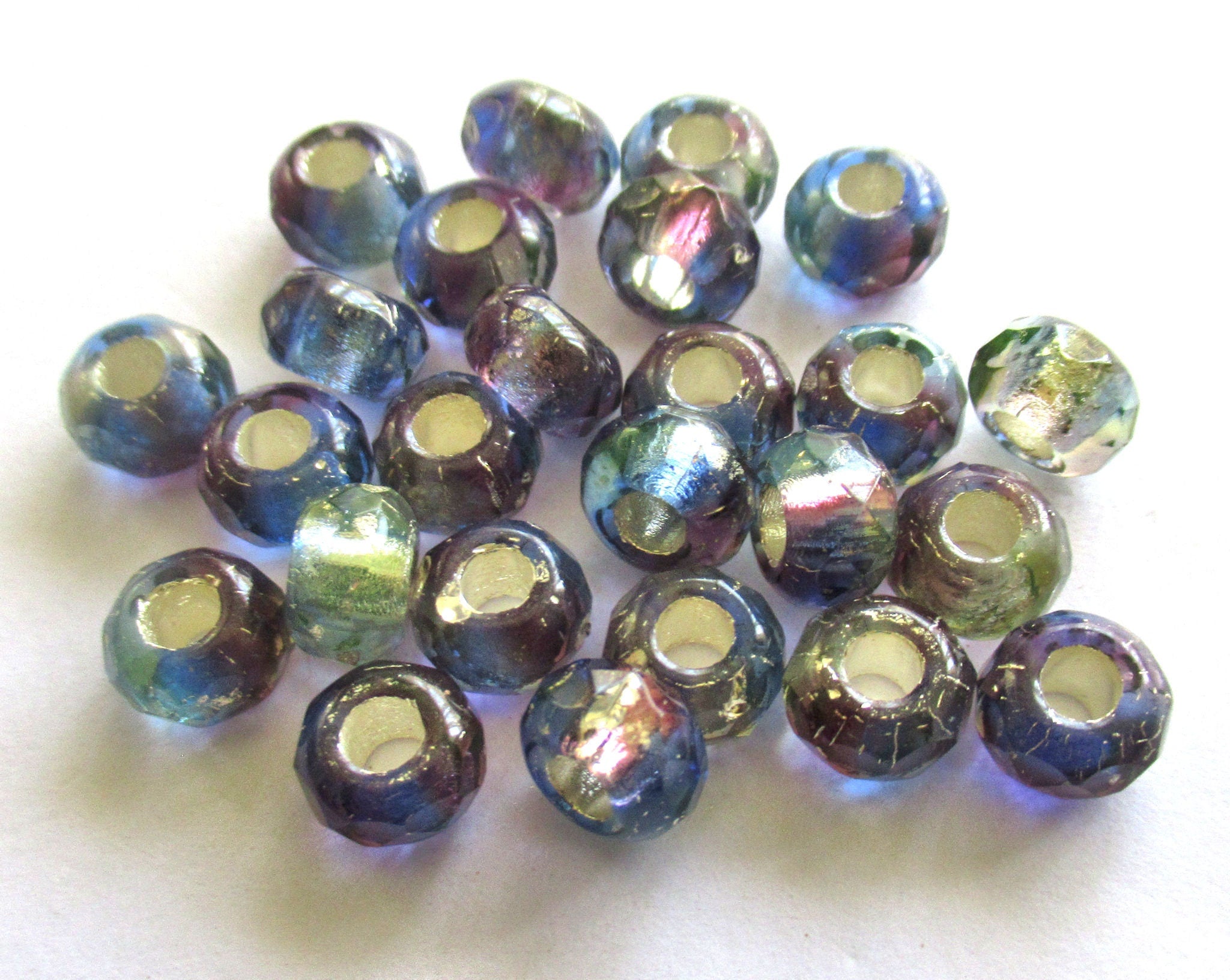 Ten Czech glass roller beads - 9 x 6mm purple blue color mix, silver lined, faceted roller, rondelle, big 3.5mm hole beads C00801
