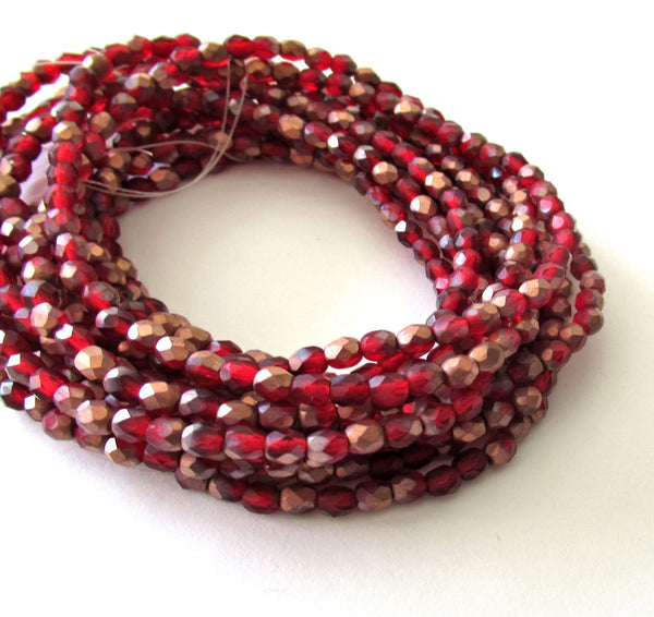 50 4mm Czech Czech glass faceted beads - matte ruby red / light garnet with copper accents - fire polished, round beads - C0009