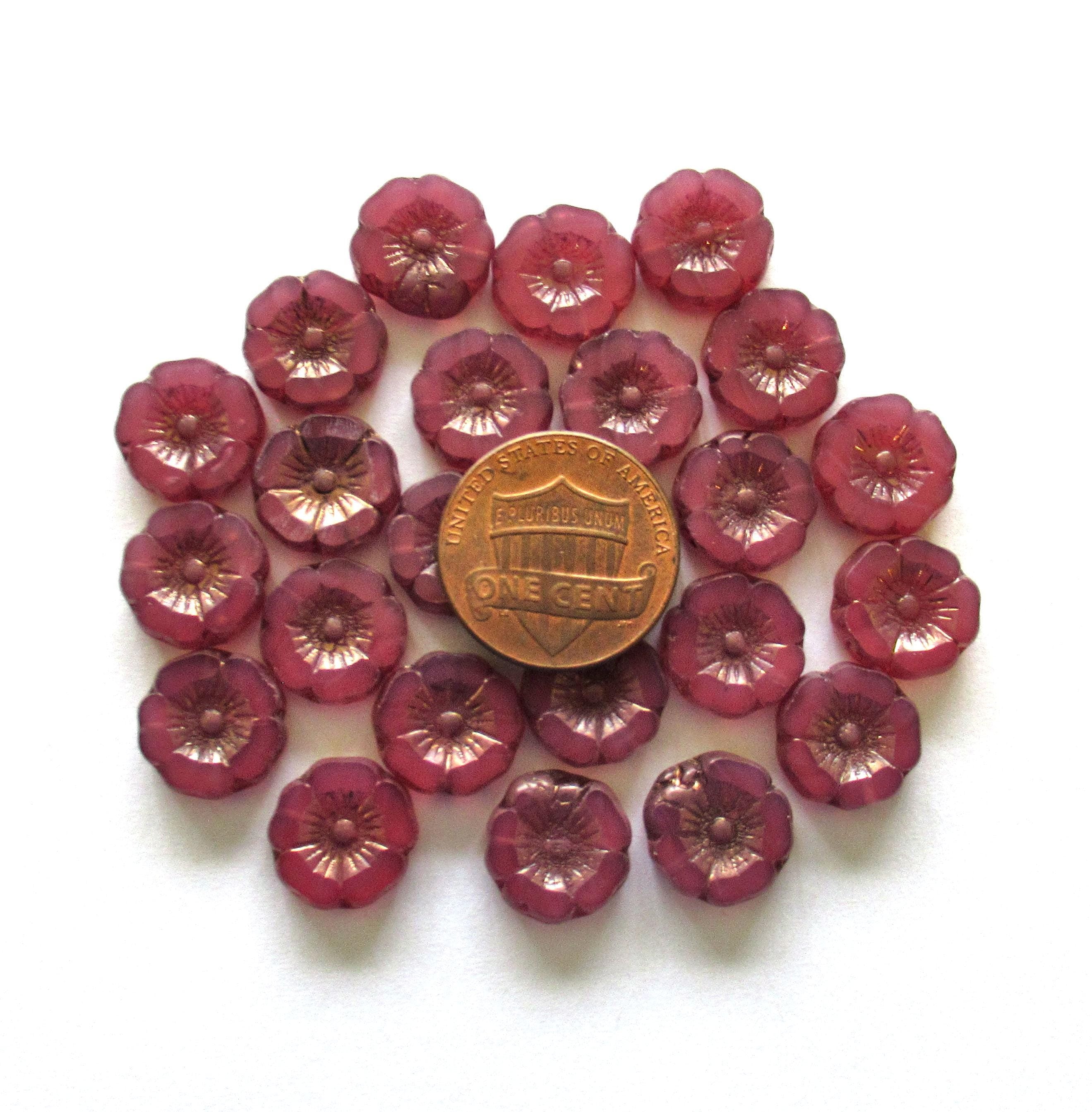 Czech glass flower beads - 12mm - translucent dark pink opal beads - table cut carved Hawaiian Hibiscus floral beads - 8 beads - C00072