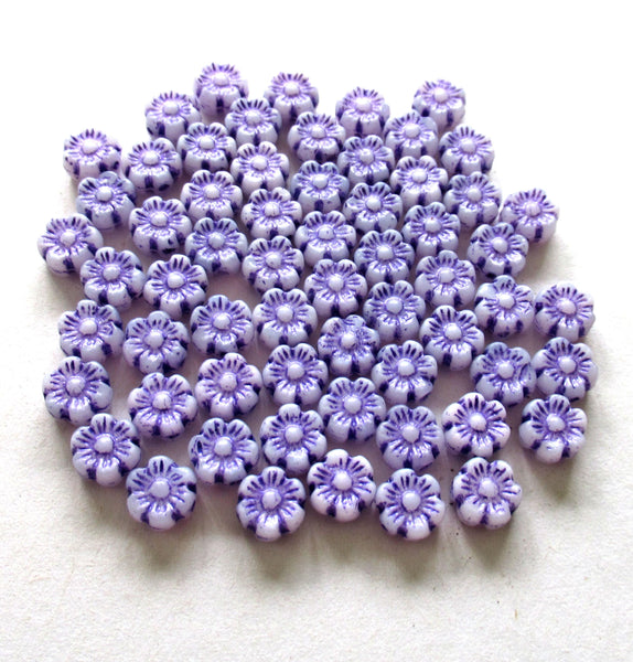 25 Czech glass flower beads - 6mm - opaque white beads with a purple wash - Hawaiian hibiscus flower beads C0068