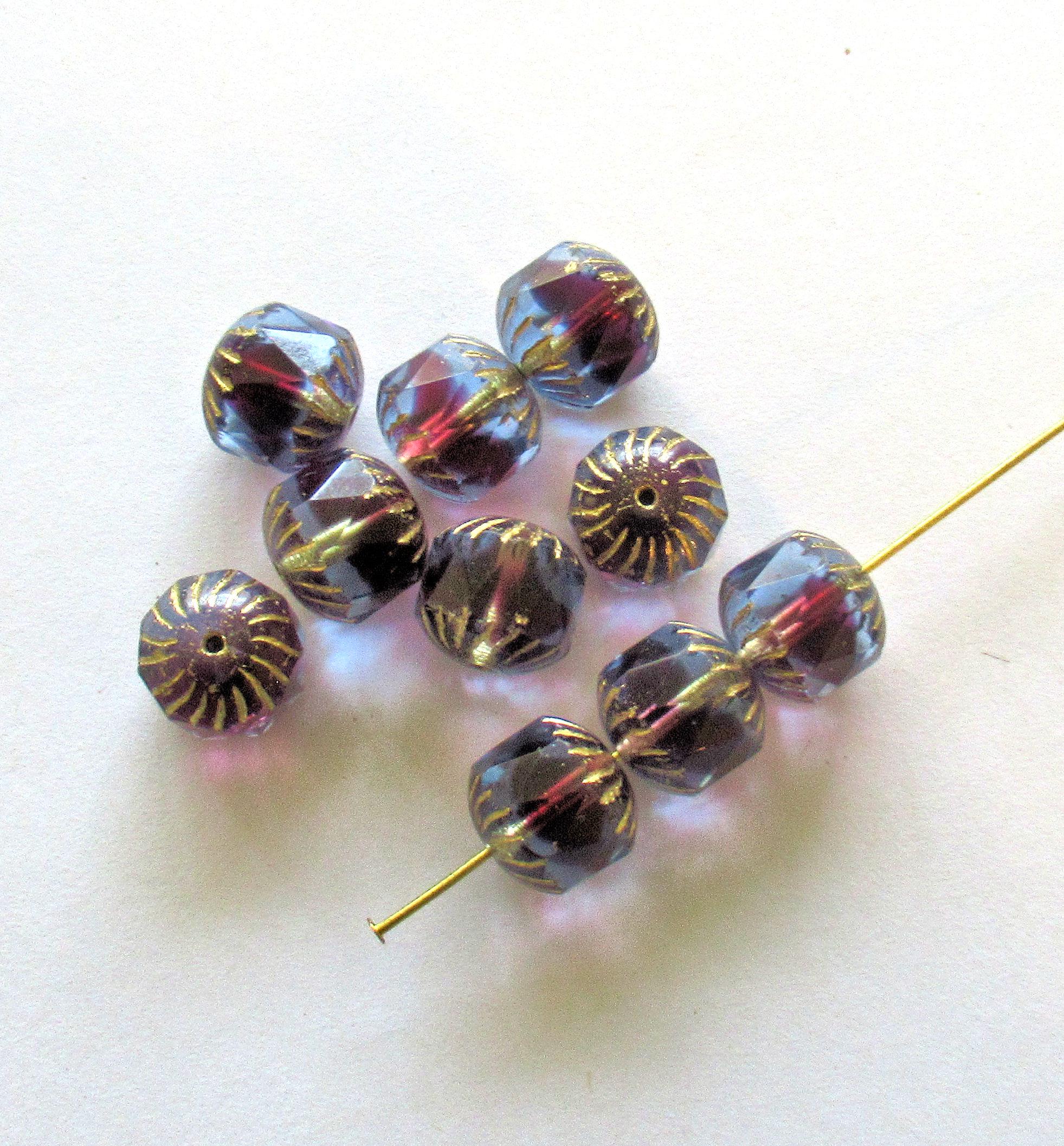 Ten large Czech glass center faceted cruller beads - 10mm - light sapphire blue & deep pink fuchsia cathedral beads w/ gold accents - 00084