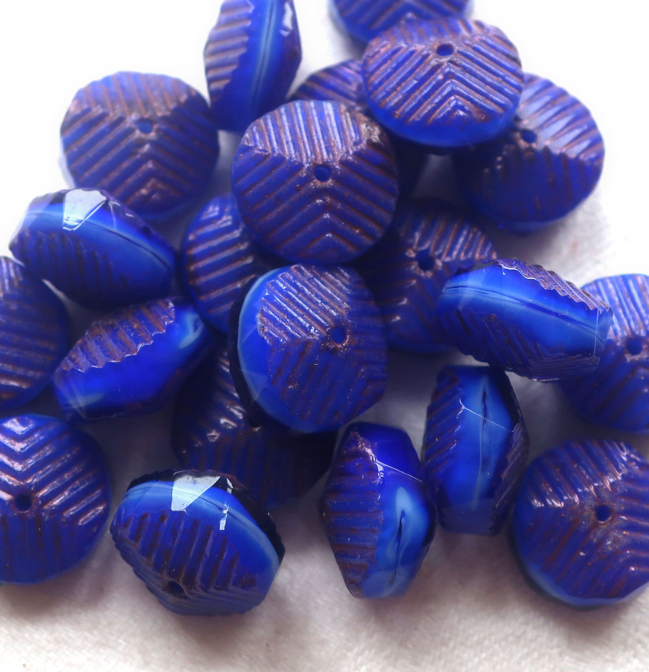 Six Czech glass faceted wavy rondelle beads - large 14 x 6mm royal blue & white with purple/bronze finish - chunky statement beads - C00991