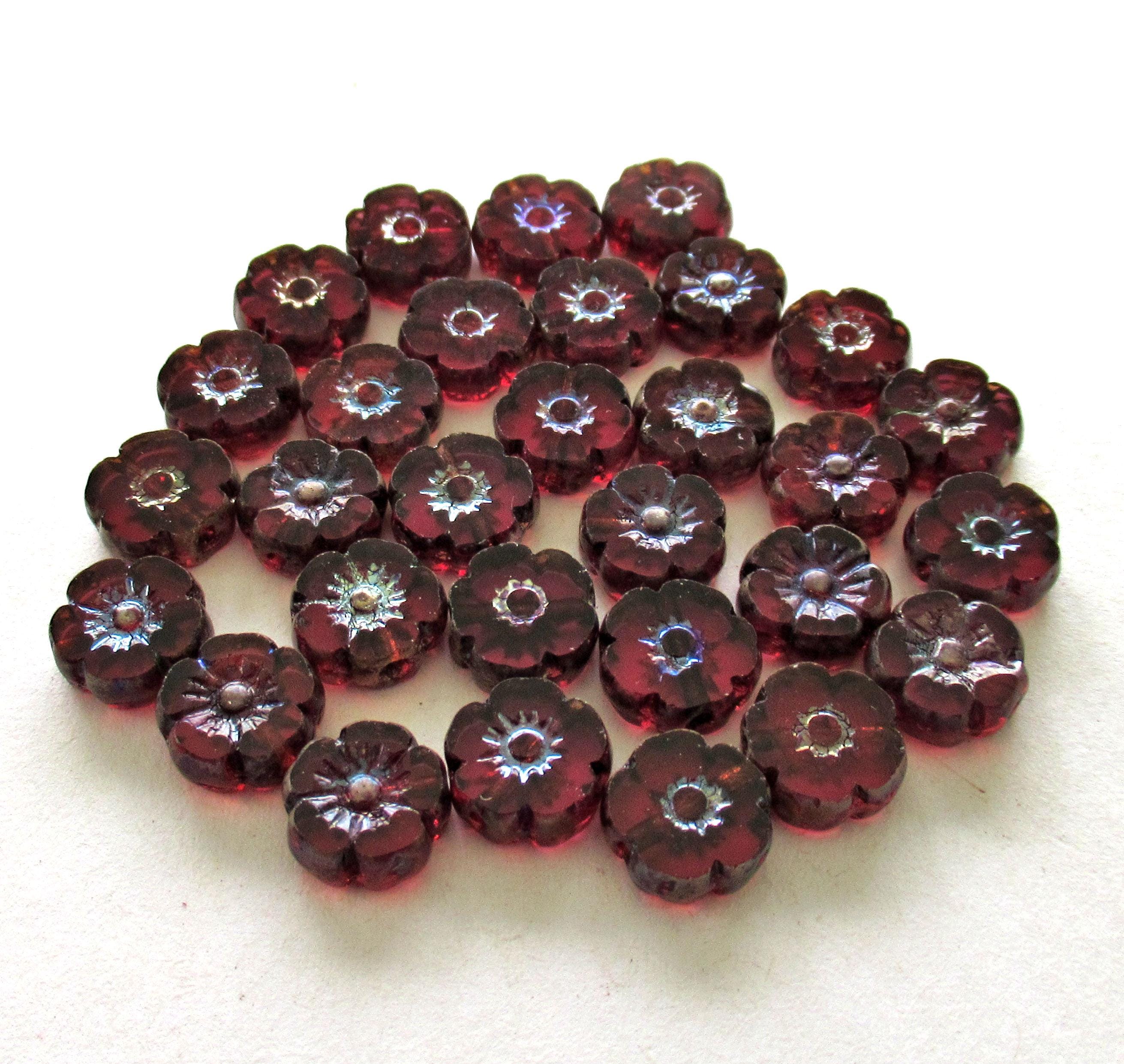 Ten Czech glass flower beads - transparent fuchsia pink w/ picasso accents - 10mm- table cut carved Hawaiian flower beads - C00101