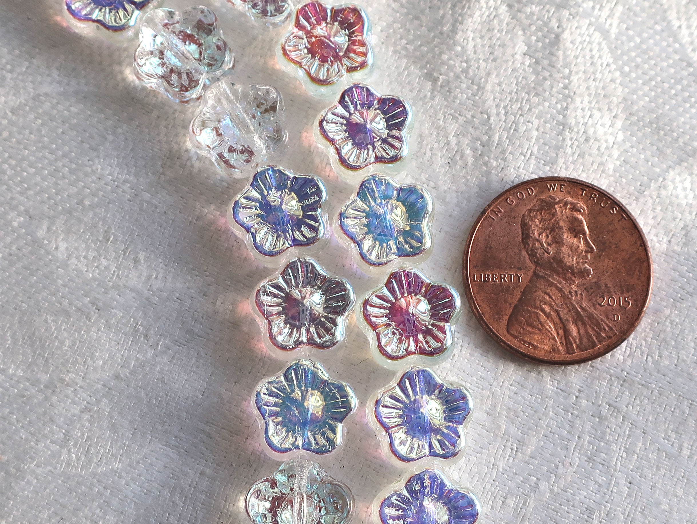 Lot of 25 10mm Crystal AB Czech glass flower beads, pressed glass white flower beads, C0036