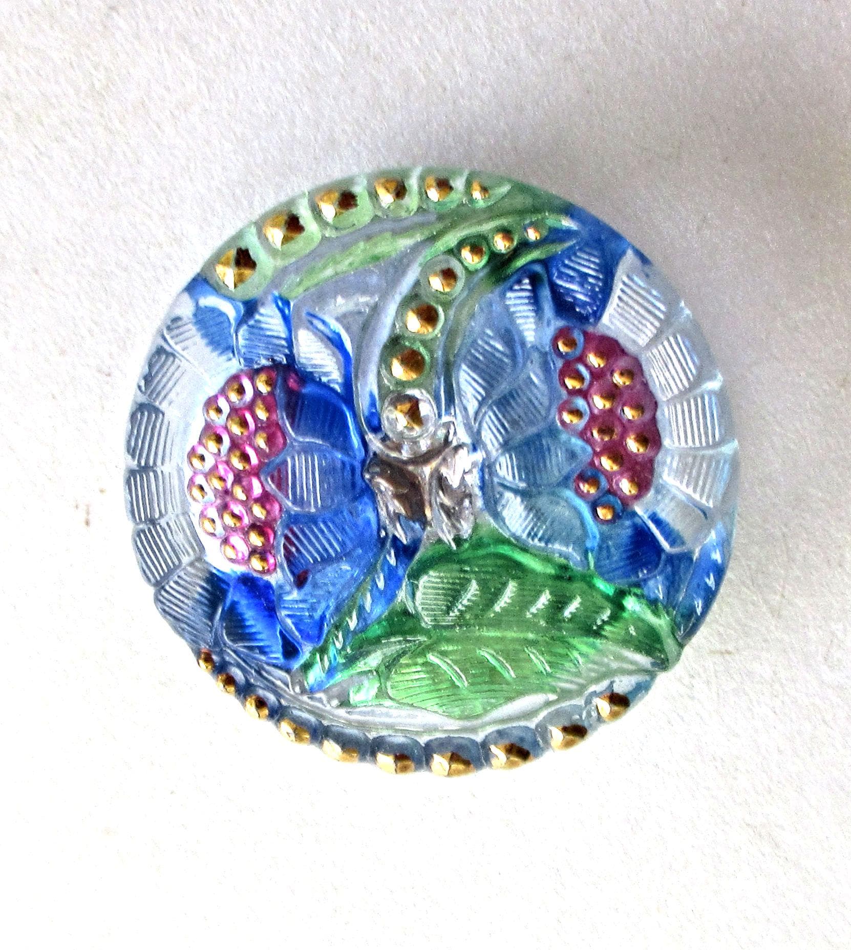 One 27mm Czech flower glass button - blue, pink, green & clear glass with gold accents - two flowers decorative shank button- C5301