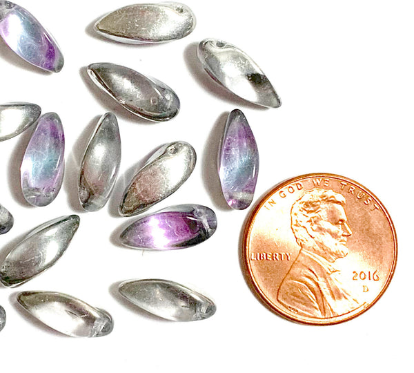 20 Czech glass twisted teardrop, petal or dagger beads - top drilled 6 x 12mm violet purple and silver pressed glass beads C0016