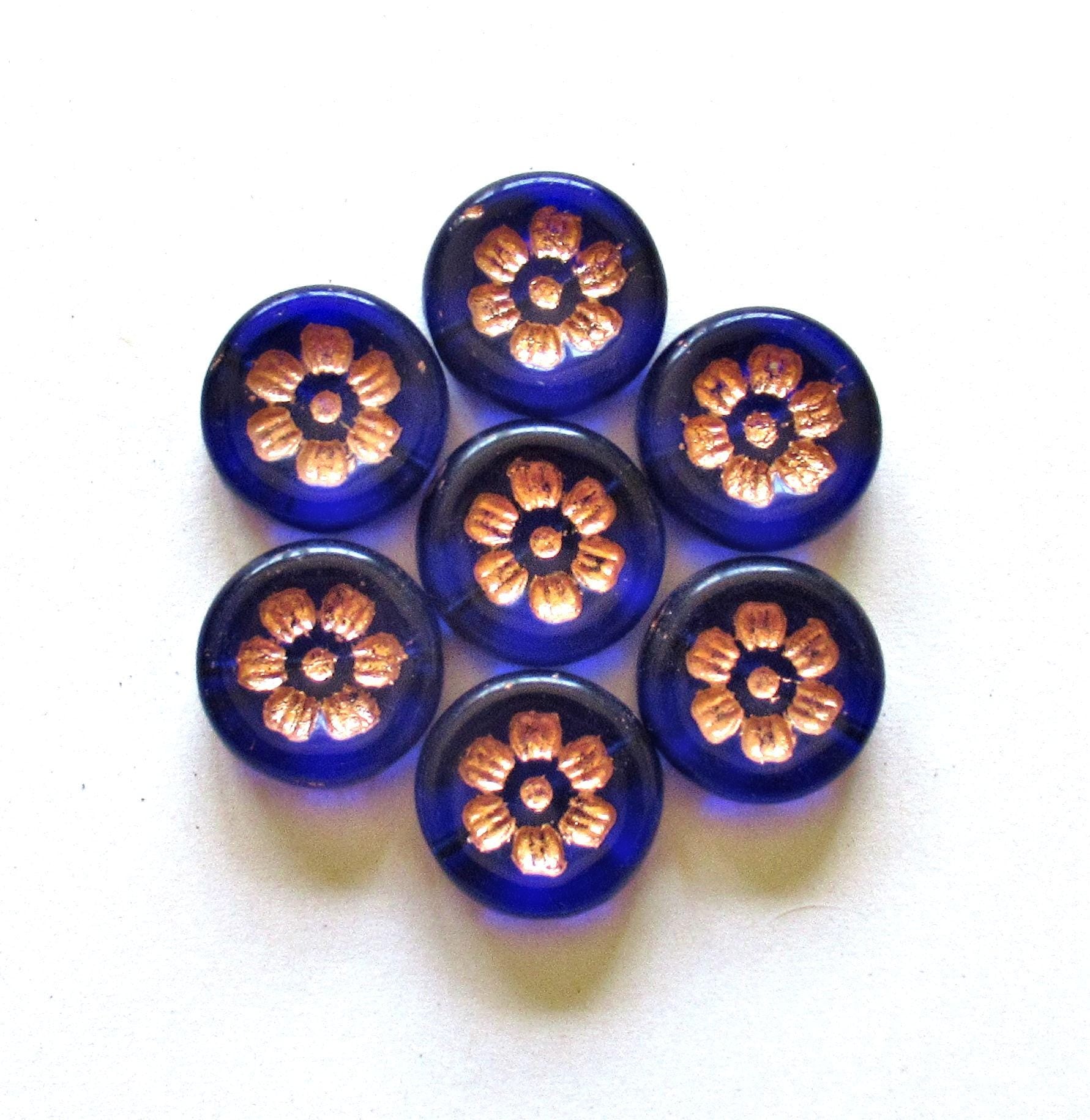 Six 16mm Czech glass flower beads - cobalt blue beads w/ copper accents - thick floral coin beads - C00491